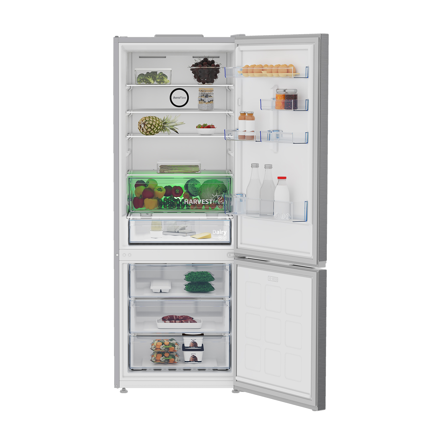 Un frigorifero aperto pieno di generi alimentari, latticini e verdure.