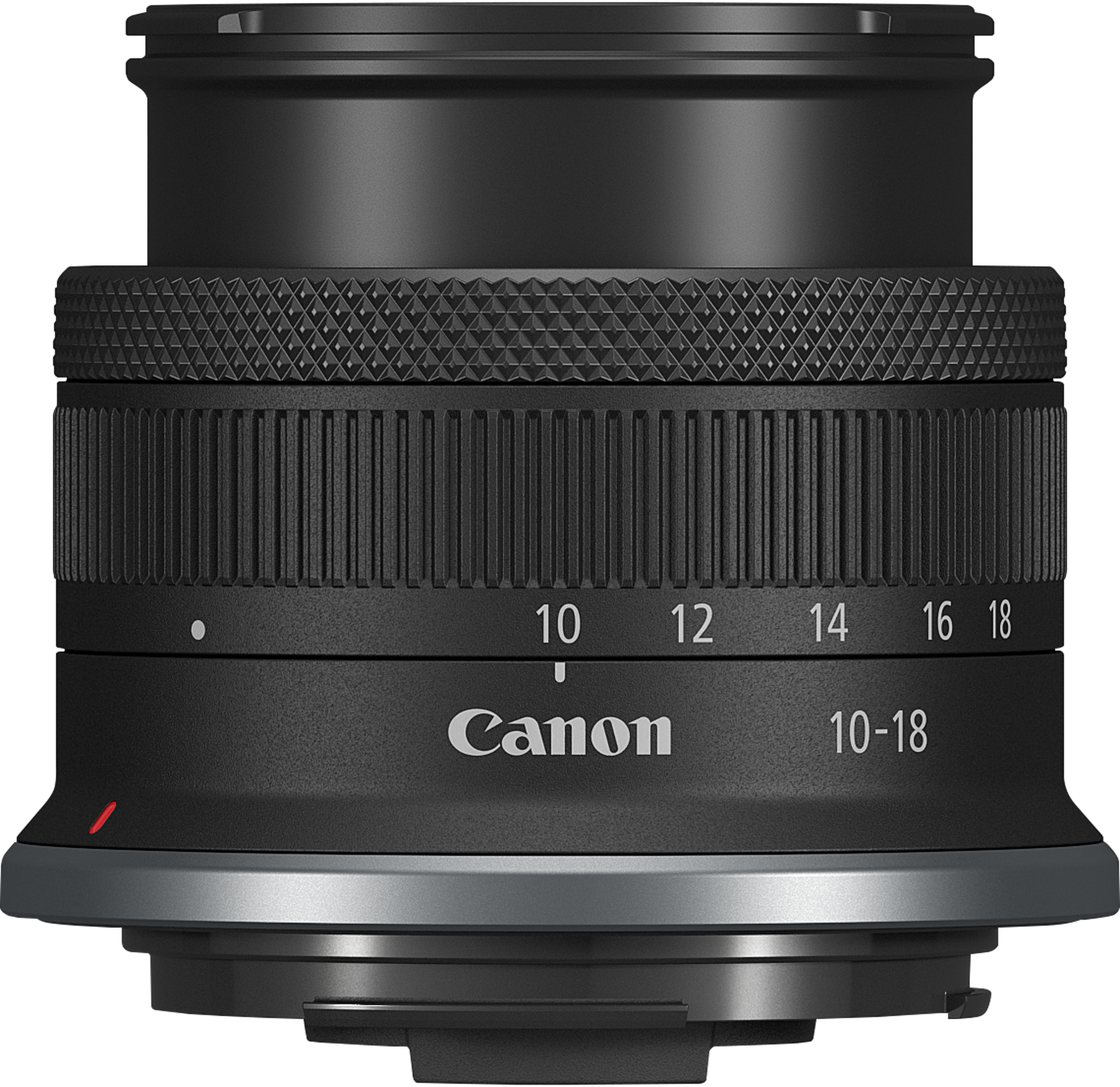 Un objectif d'appareil photo Canon 10-18mm noir. L'objectif a une bague de mise au point avec des chiffres.