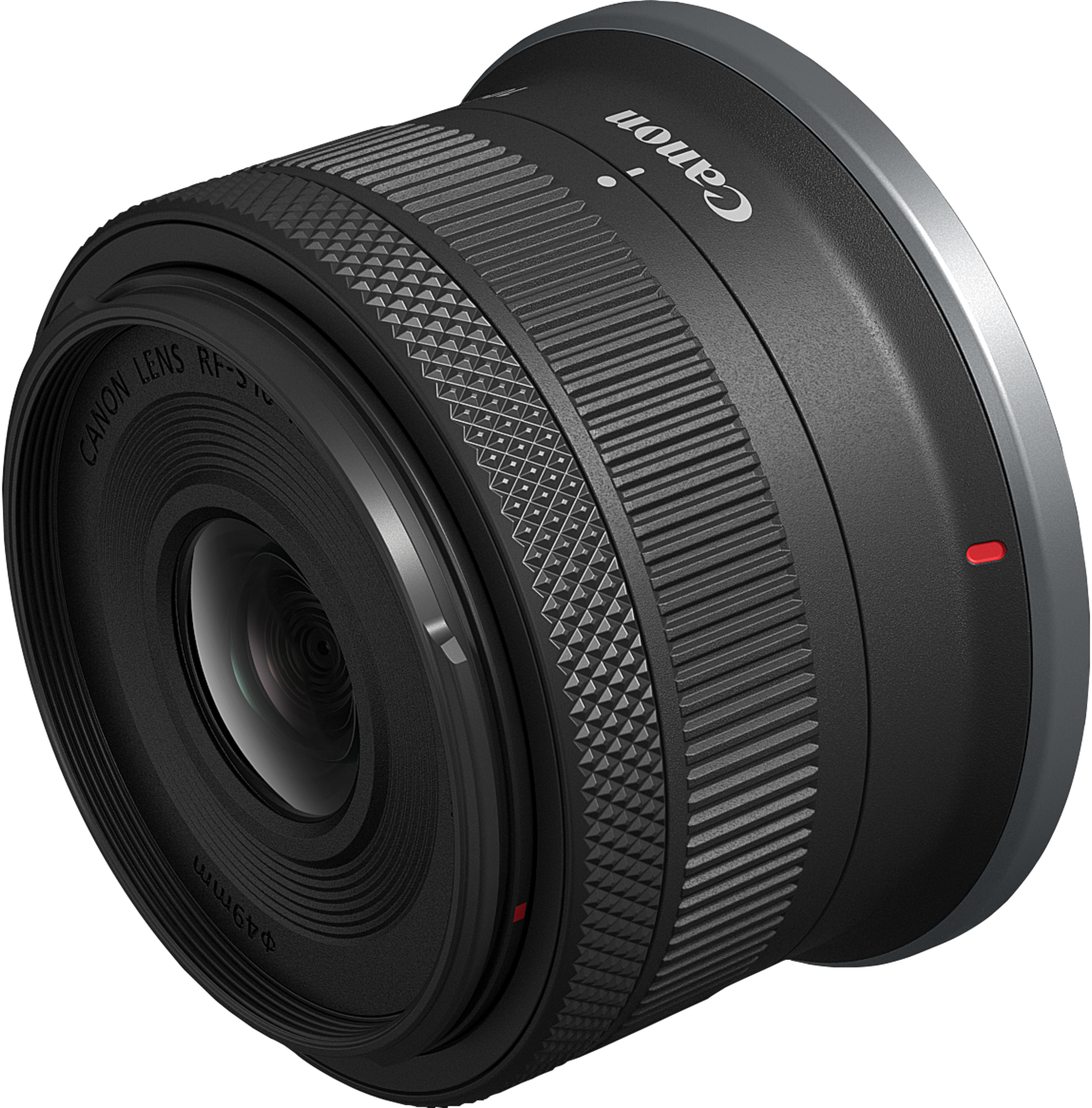 Objectif Canon RF noir. L'objectif a un design côtelé et la marque Canon.