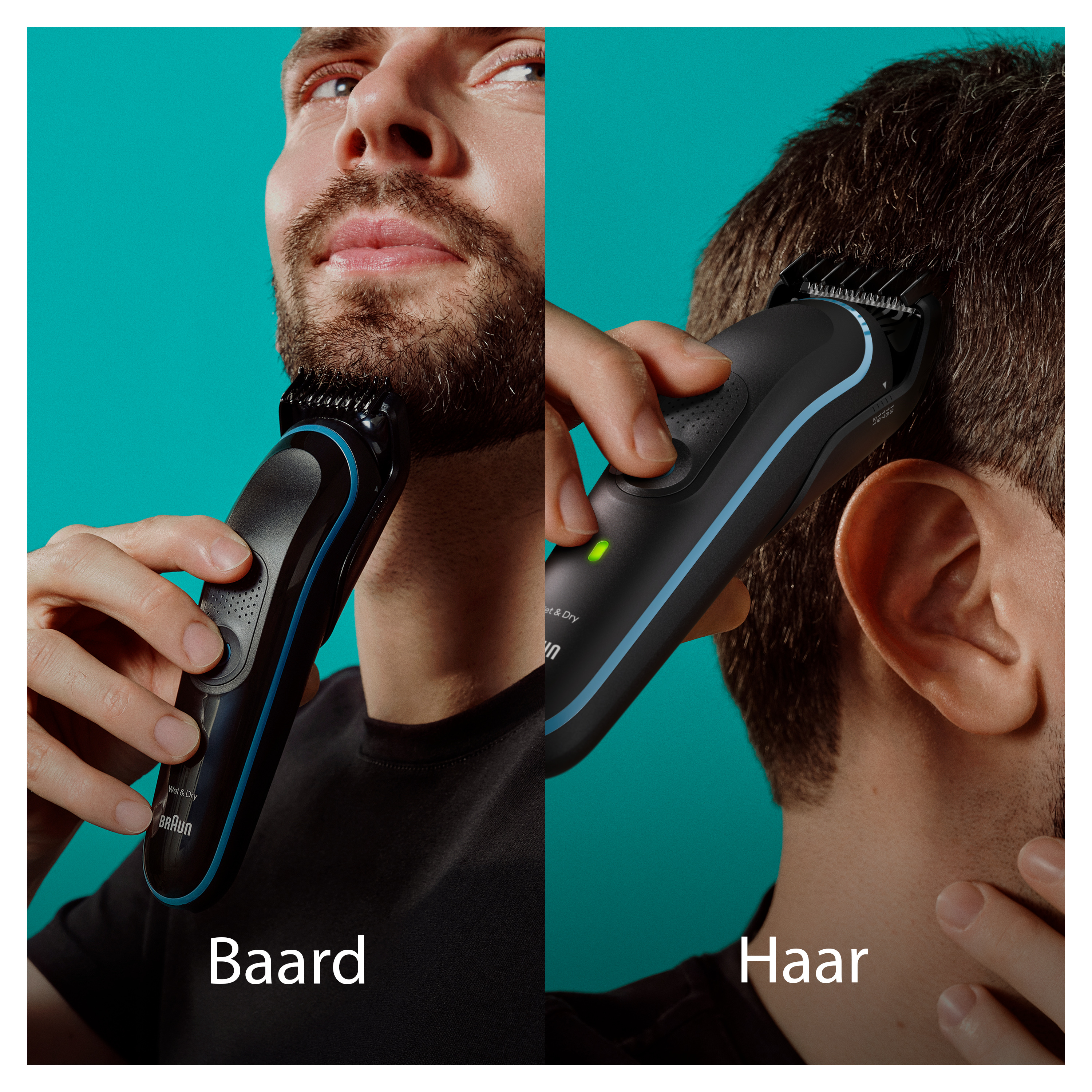 Twee foto's van een man die een trimmer gebruikt. Eén op de baard, één op het haar. Blauwe en zwarte trimmer.