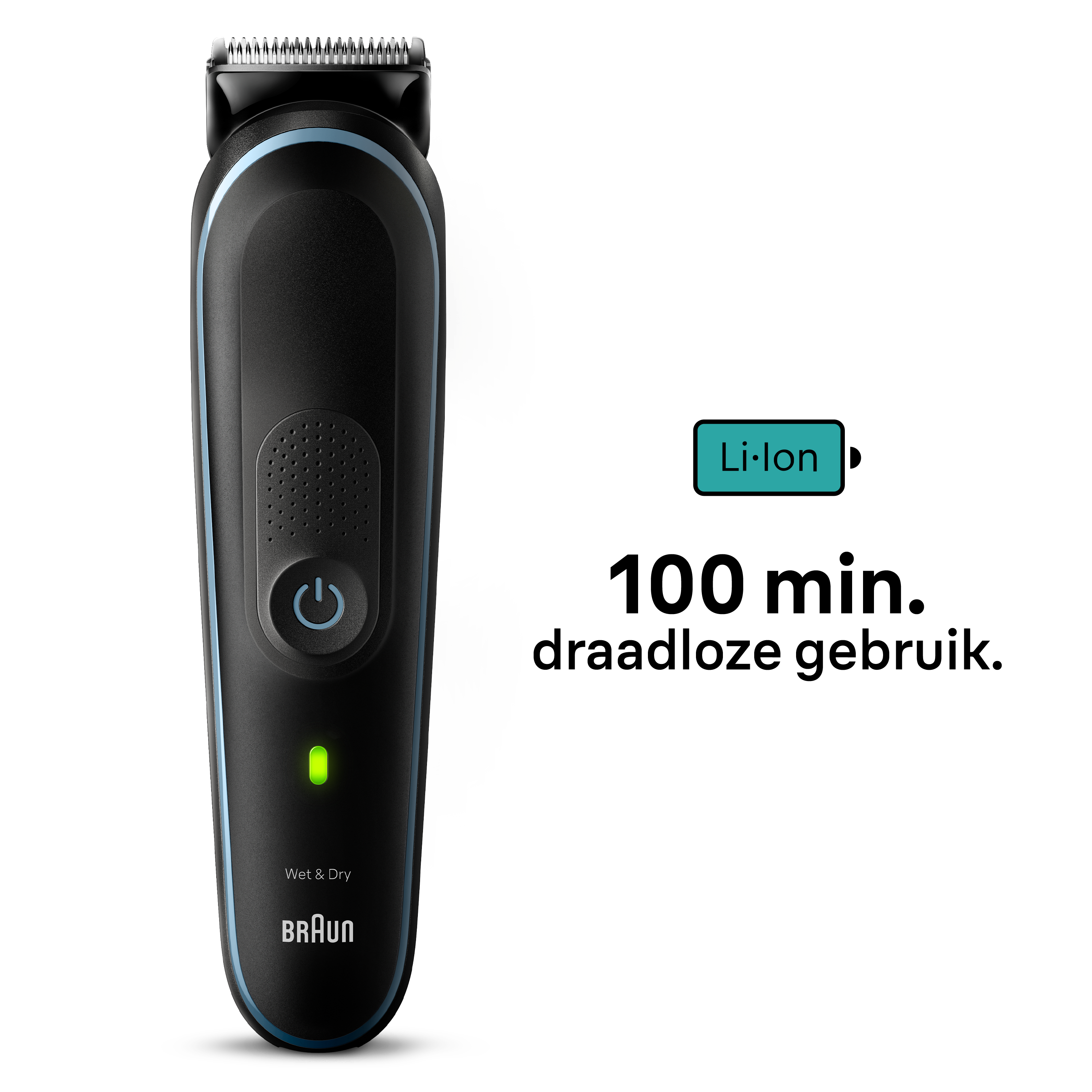 Een zwarte en blauwe elektrische baardtrimmer met 'Wet & Dry' en 'Li-ion' tekst.