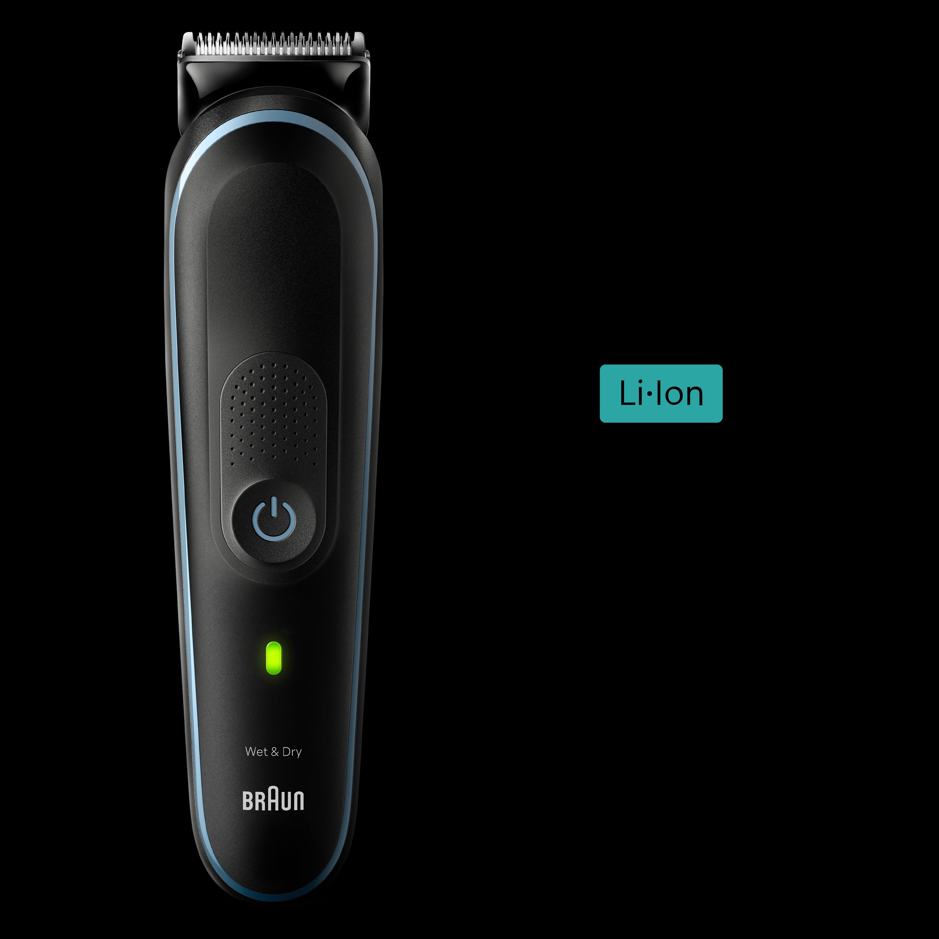 Une tondeuse à barbe électrique noire et bleue sur fond noir.