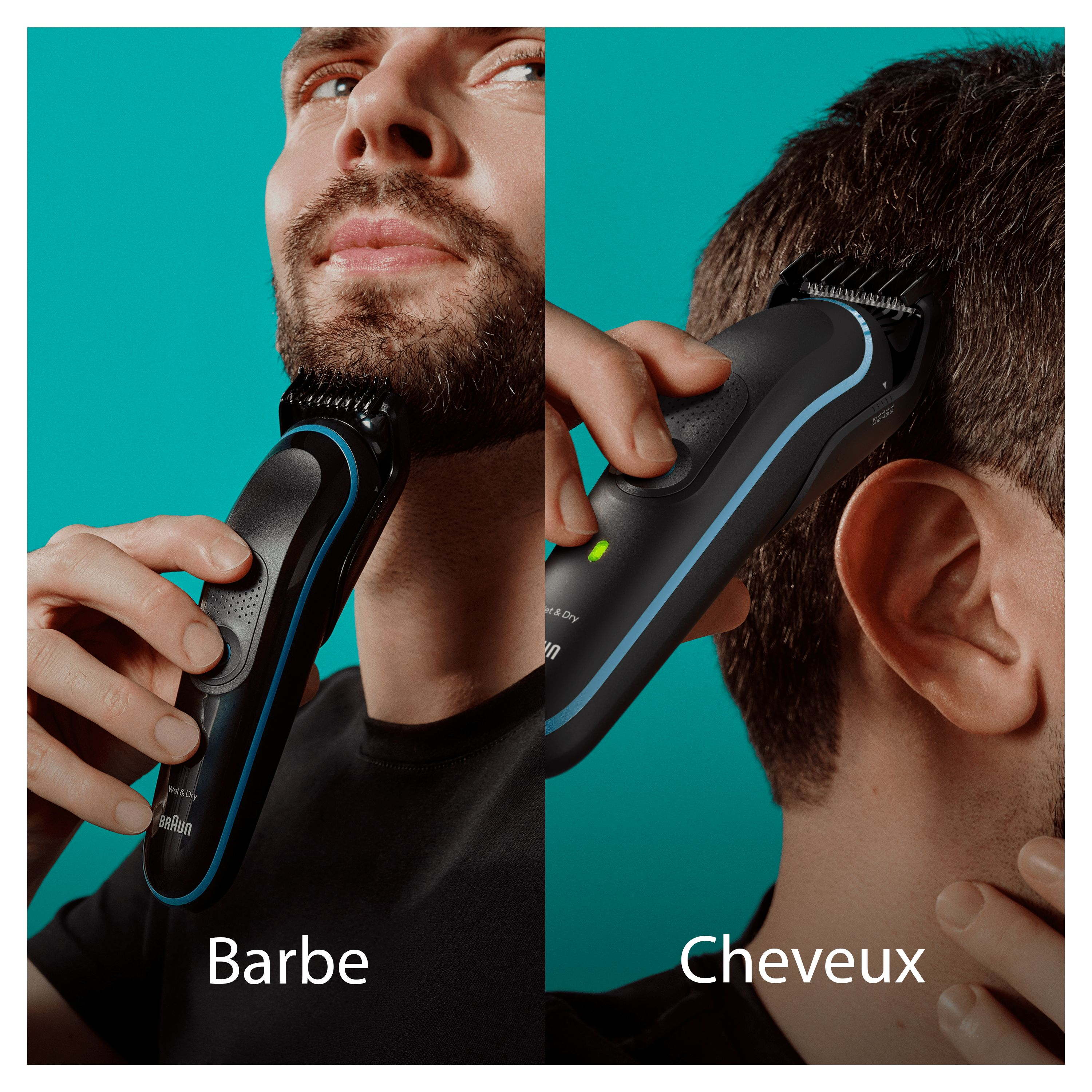 Homme utilisant une tondeuse à barbe et une tondeuse à cheveux. Étiquettes texte : Barbe et Cheveux.