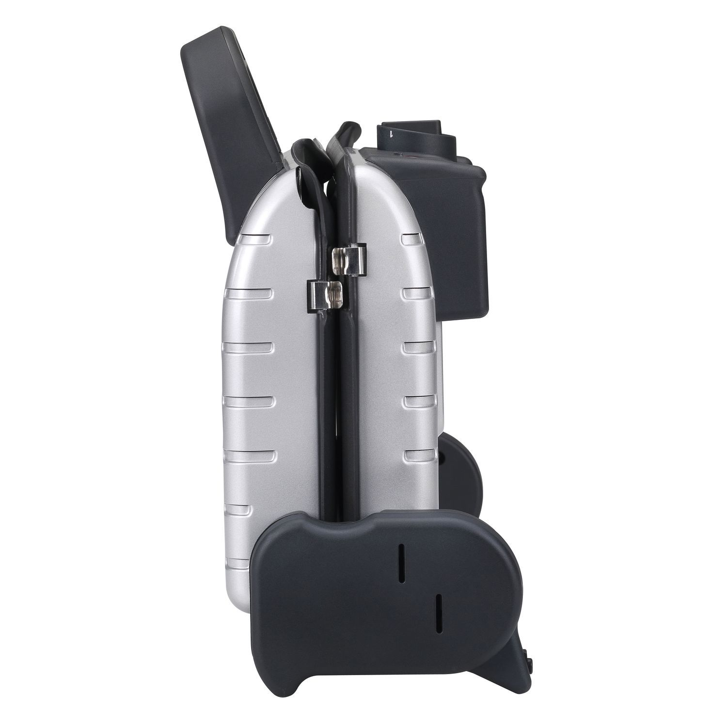 Silver and black panini press, side view, closed. Black handle on top. White background, angled view.