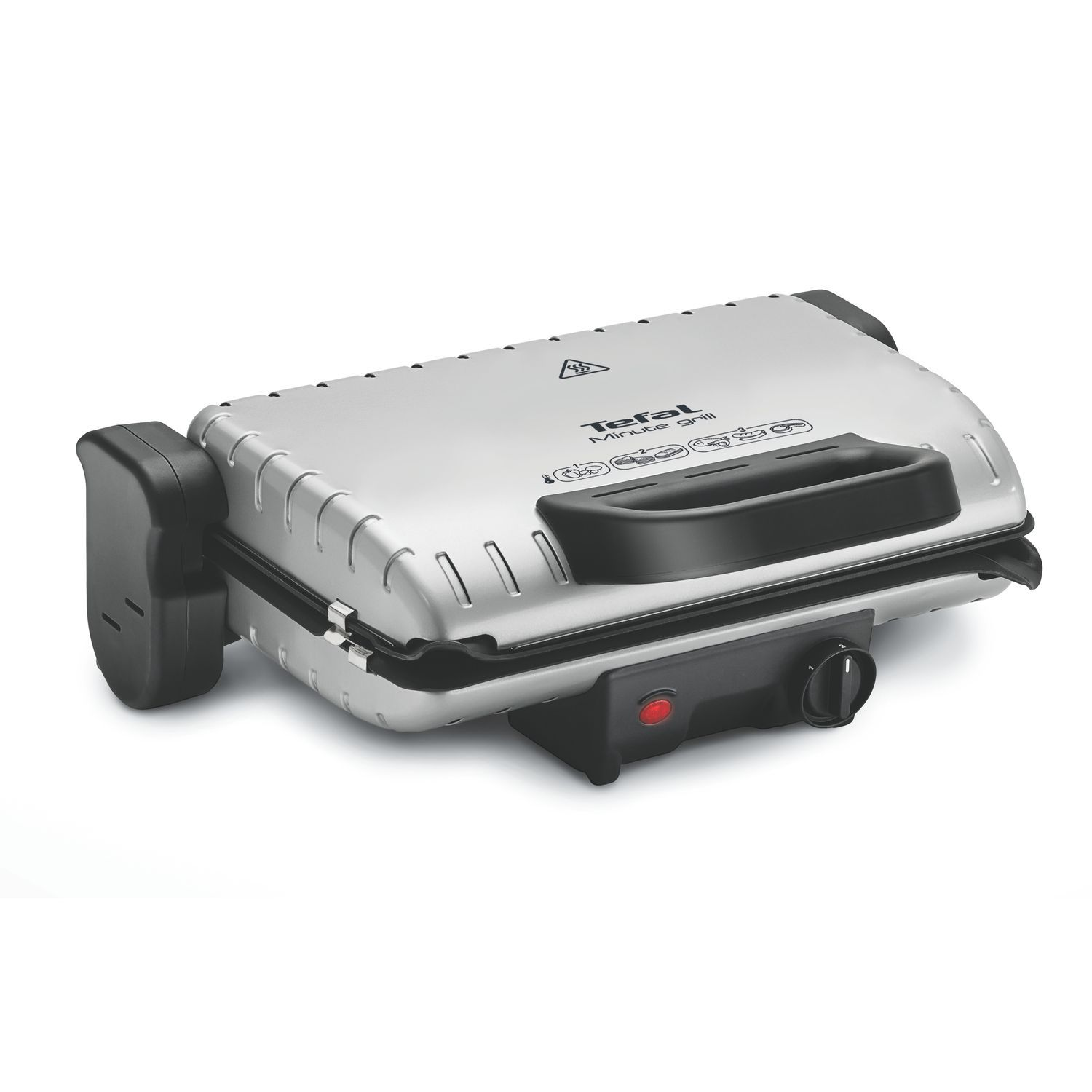 A silver Tefal Mini Grill on a white background. It is closed with a red power button.