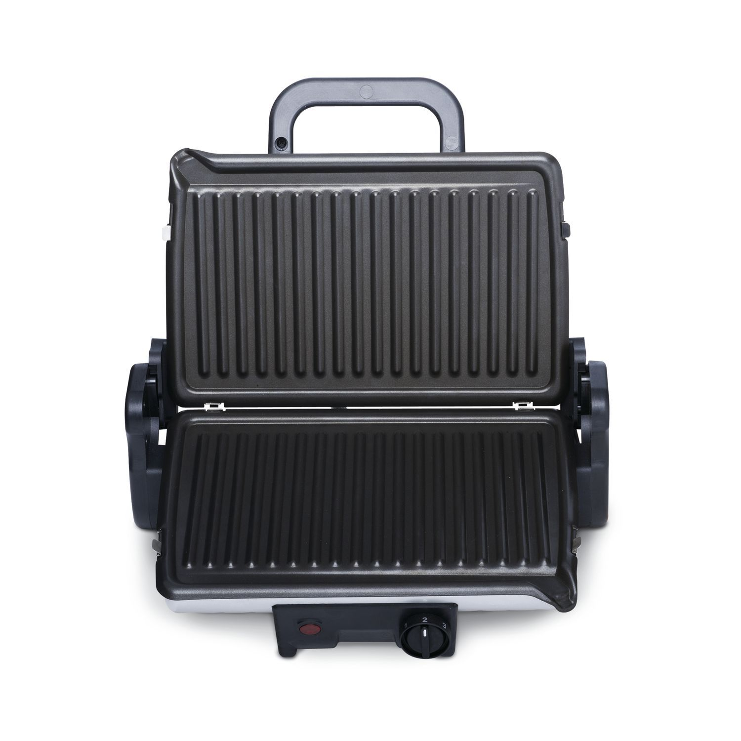 An open grill machine with dark gray cooking surfaces, viewed from above.