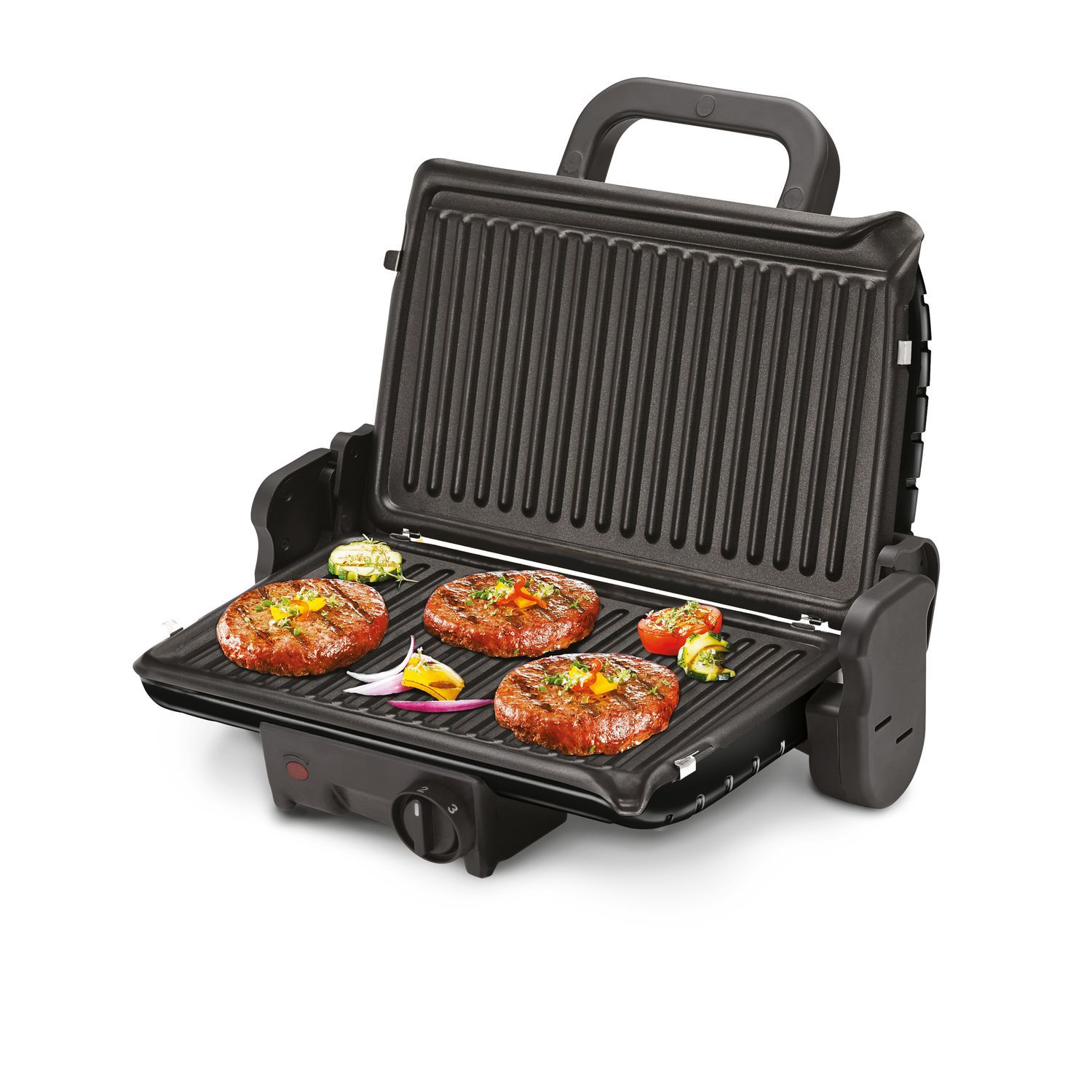 Open black electric grill. Contains grilled burgers and vegetables. Handle and control knob.