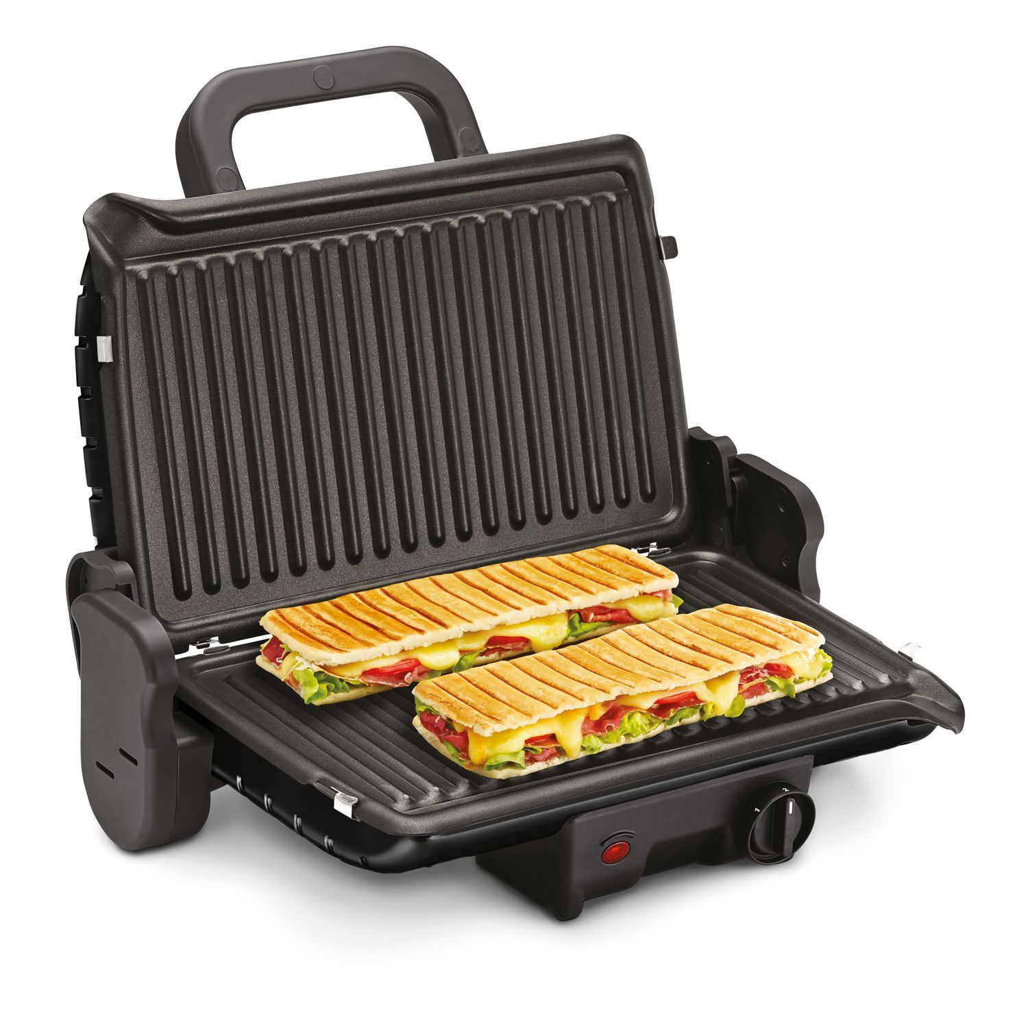 Open panini press with two sandwiches inside.