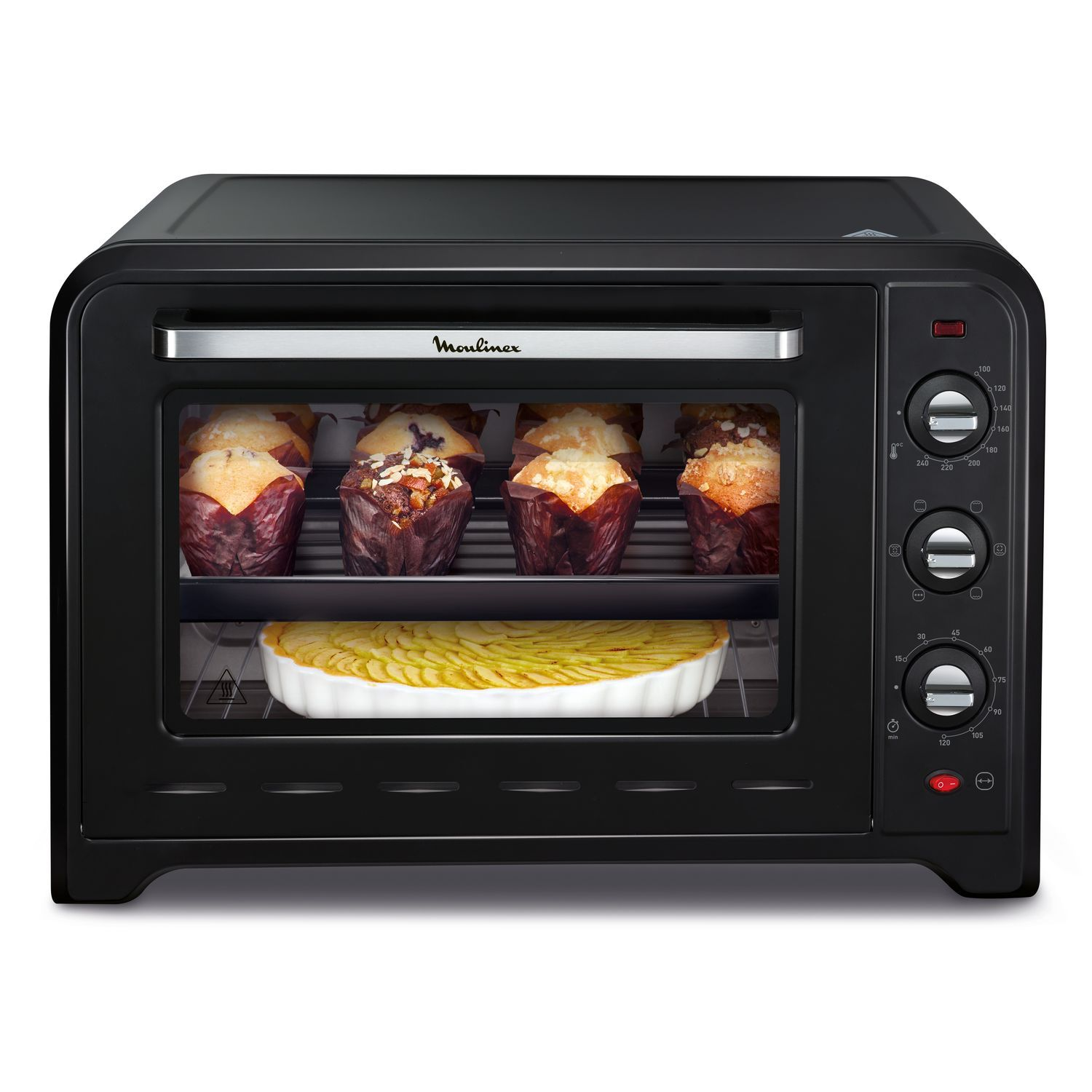 Black oven with muffins and a dish of food inside.