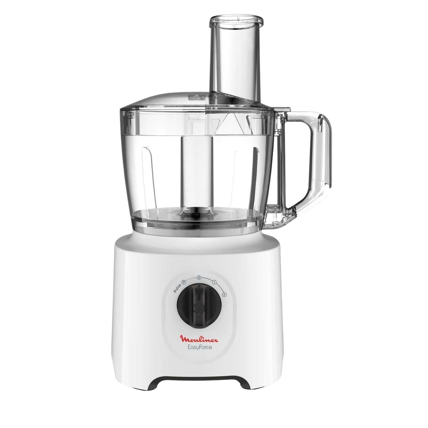 Robot culinaire Moulinex Easy Force blanc, avec un récipient et une poignée transparents.