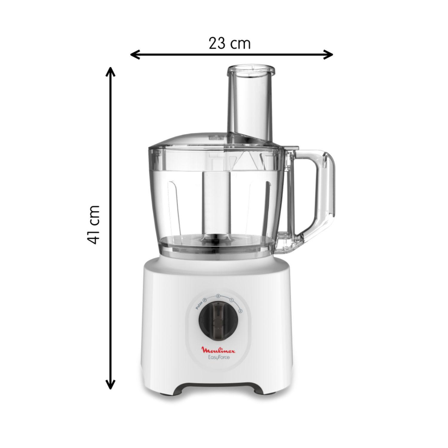 Robot culinaire blanc avec mesures. Il a un récipient transparent et une poignée sur le côté.