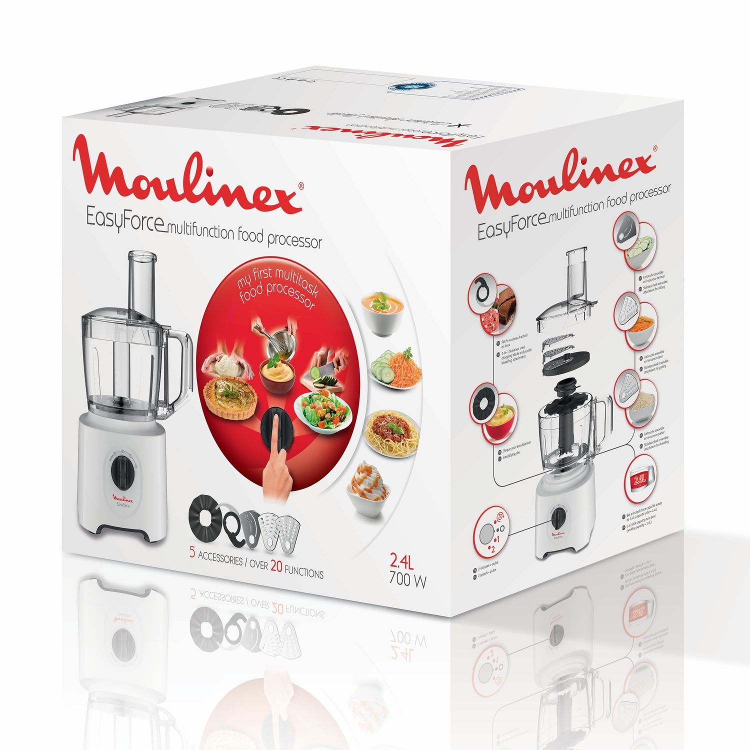 Boîte d'un robot culinaire Moulinex, présentant le produit et ses caractéristiques.