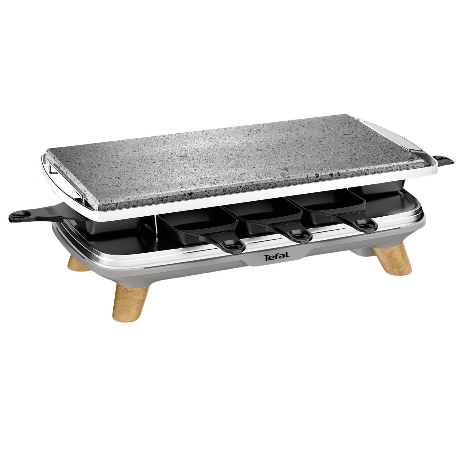 Een Tefal raclette grill met vier pannetjes. Het heeft een stenen oppervlak en houten poten.