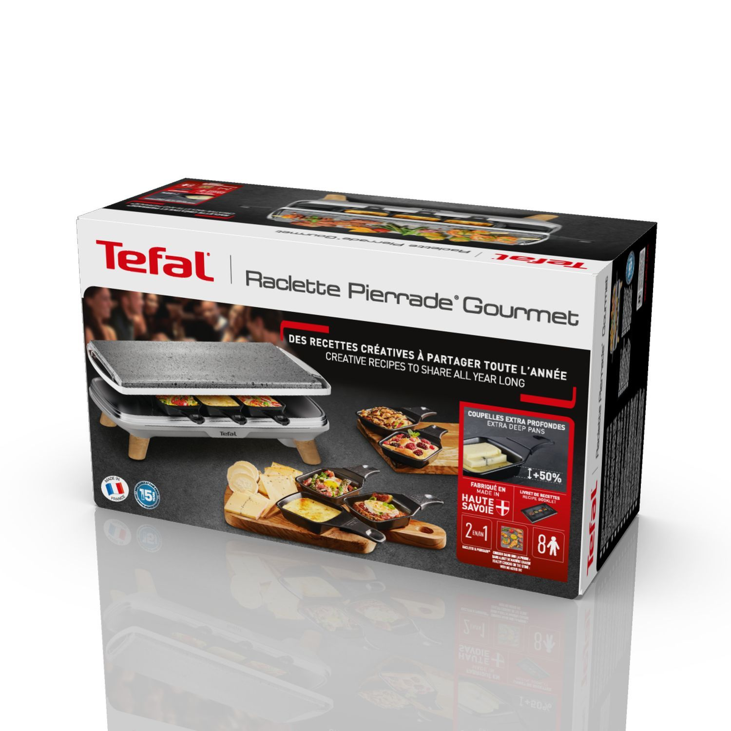 Een Tefal Raclette Pierrade Gourmet doos met afbeeldingen van eten en serveerschalen.