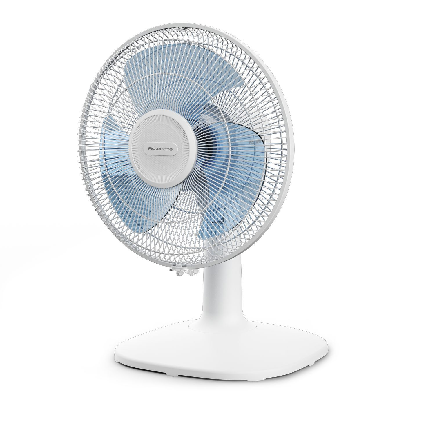White fan with blue blades. It has a stand and a circular base. Isolated on a white background.