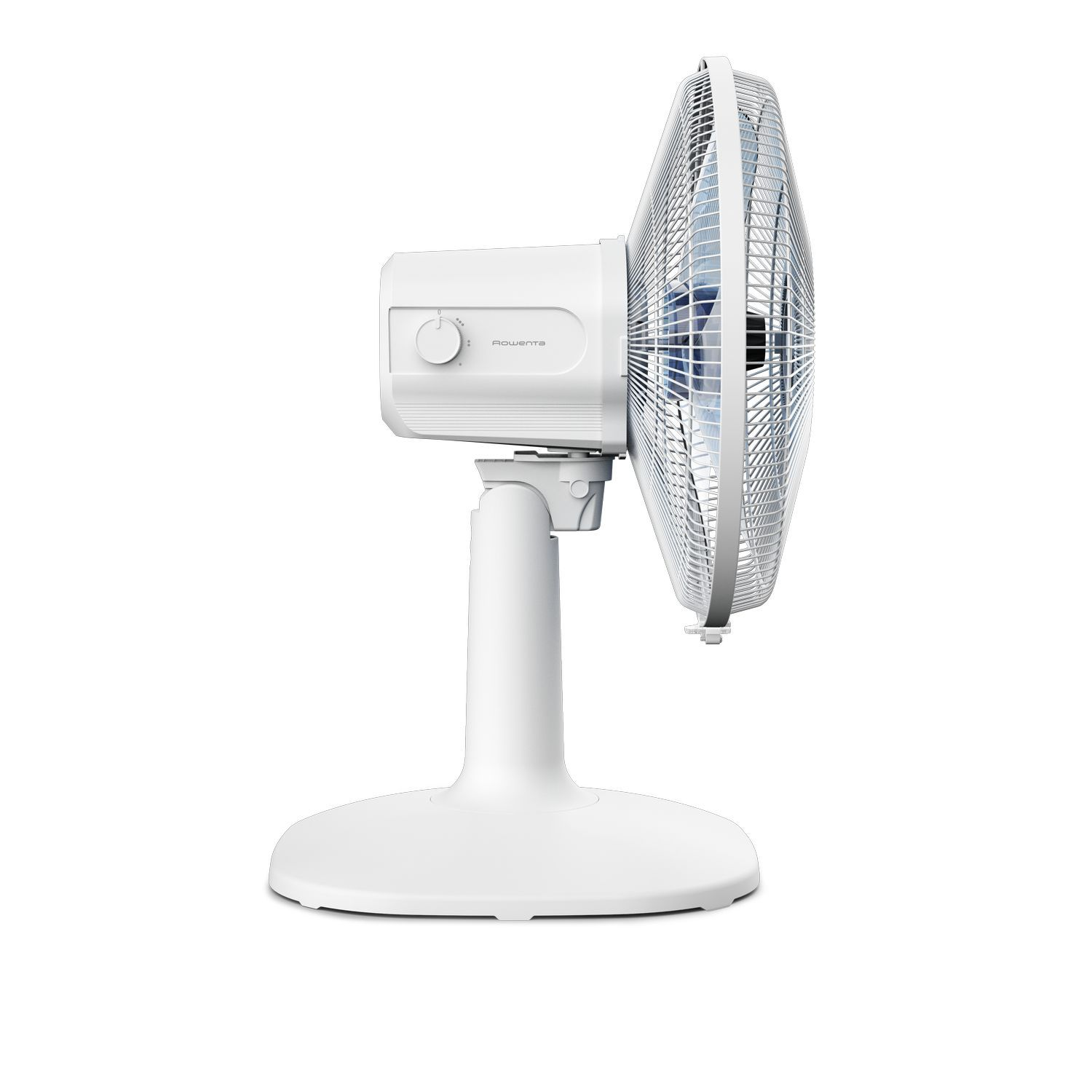 A white fan on a white stand, with a control panel and a blue fan inside.