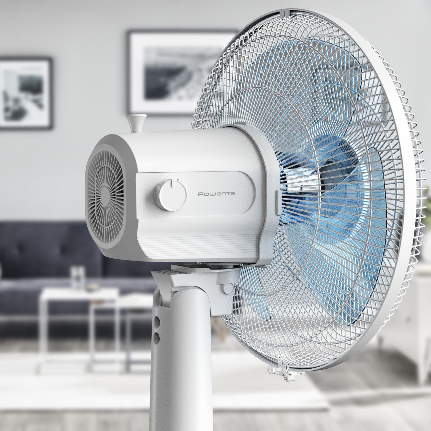 White Rowenta fan with blue blades, in a room.