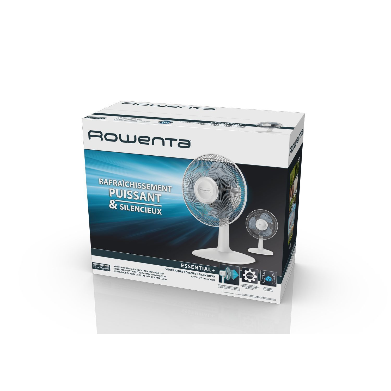 White fan on a box. The box shows a fan and has text about powerful and silent cooling.