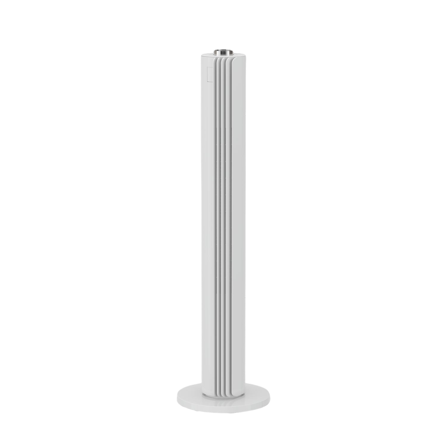 Witte, hoge, cilindrische ventilator met verticale sleuven, op een ronde basis, tegen een zwarte achtergrond.