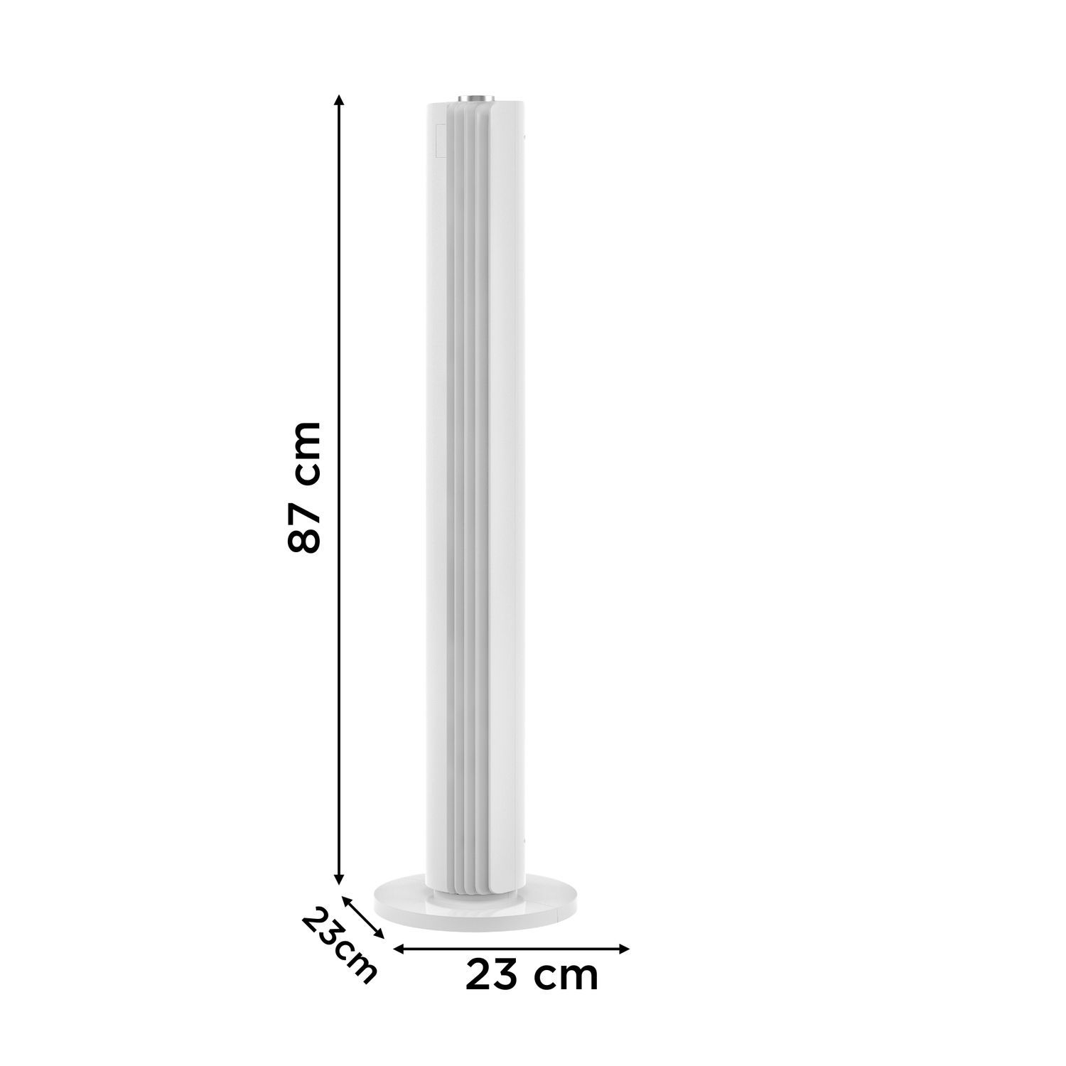 Een hoge witte ventilator met afmetingen en een pijl, staand op een witte cirkelvormige basis, tegen een witte achtergrond.