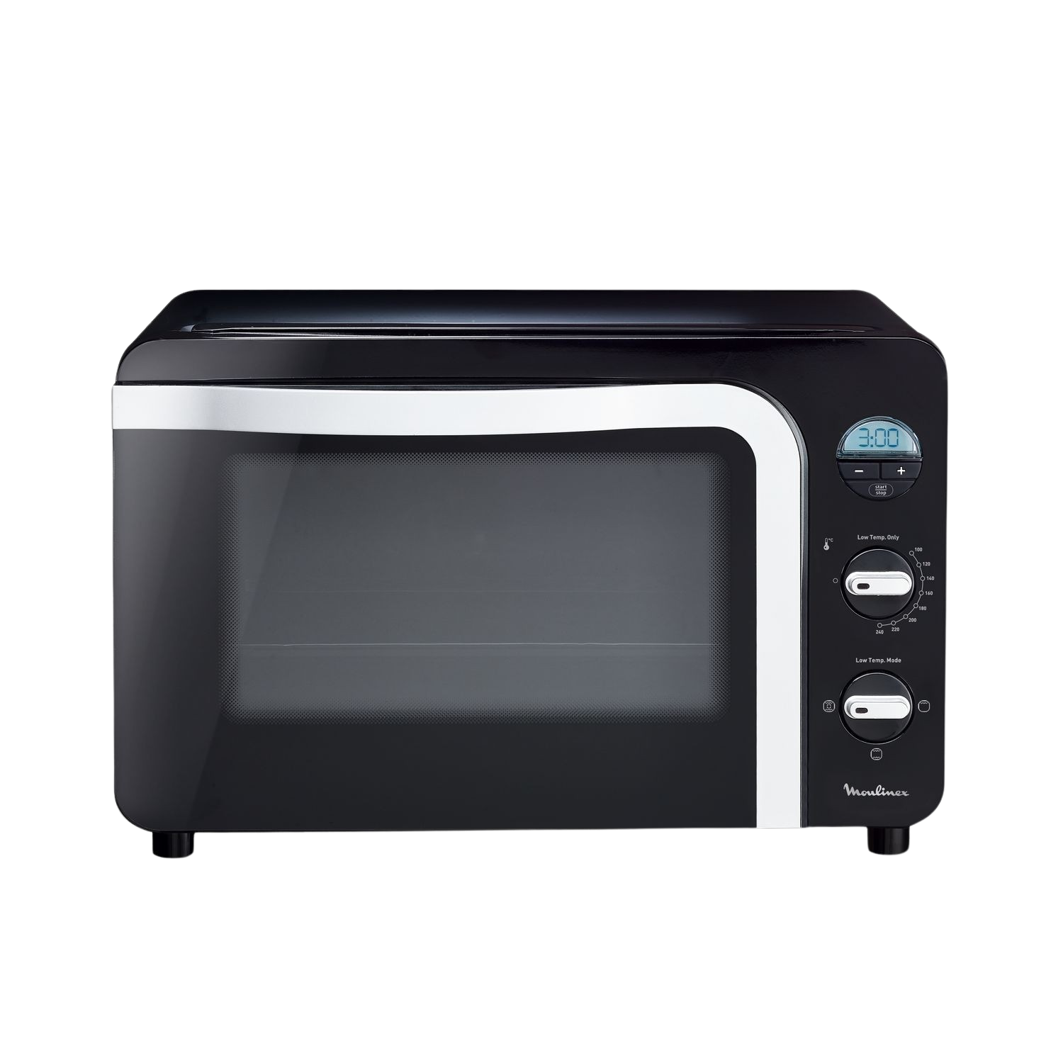 Zwarte Moulinex oven. Vooraanzicht, met een witte rand en digitaal display.