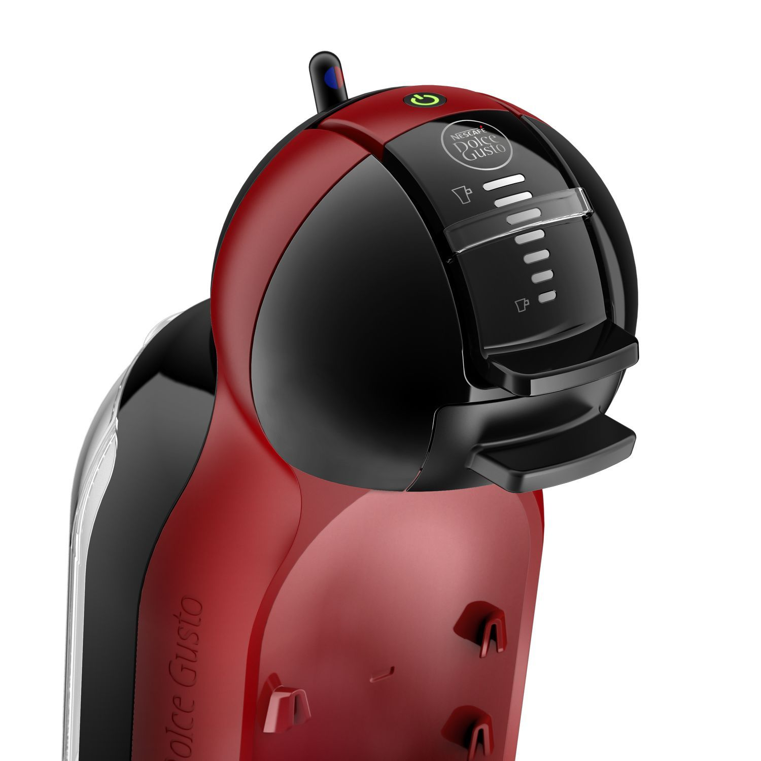 Een rood-zwarte Dolce Gusto koffiemachine. De bovenkant is zwart, de behuizing is rood. Witte achtergrond.