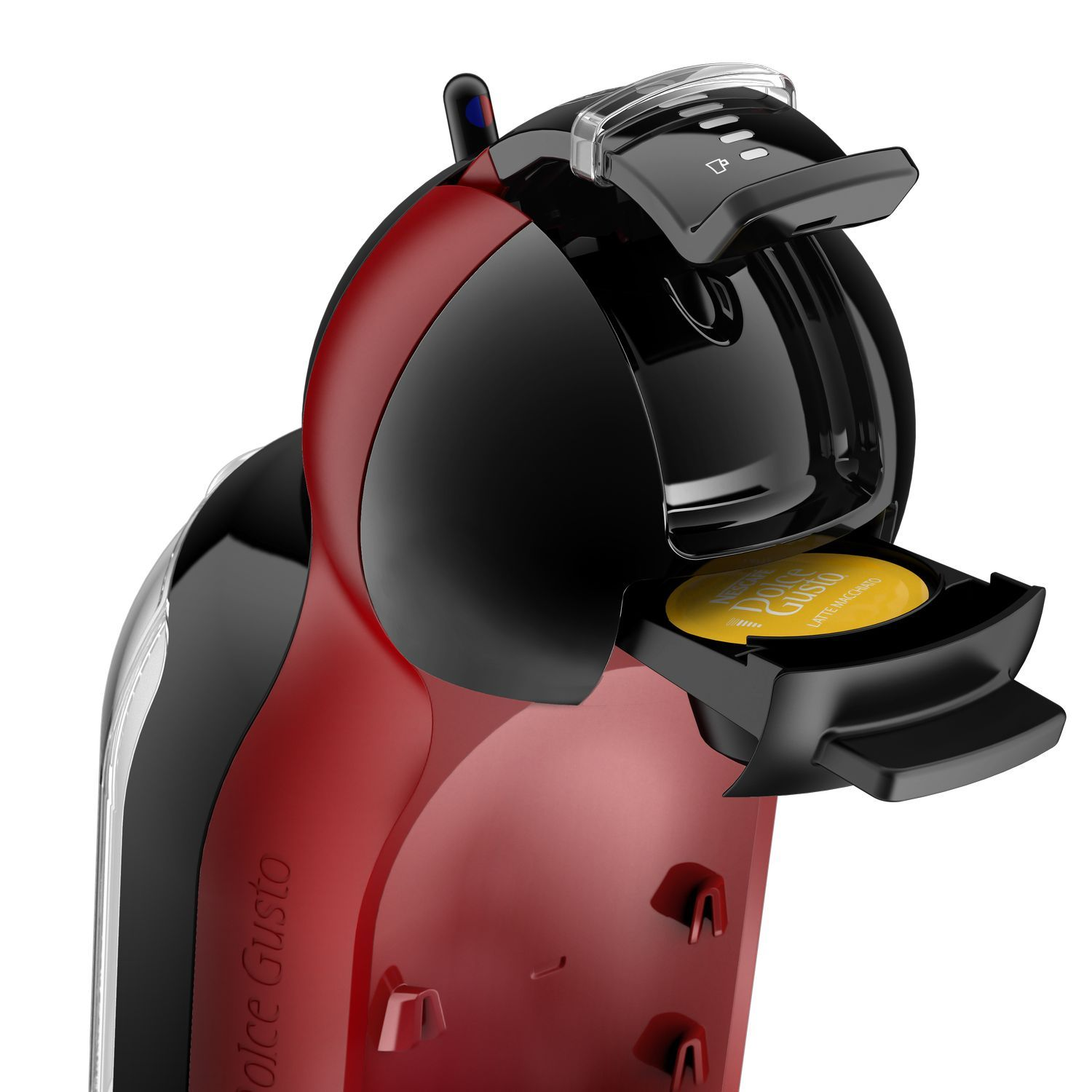 Rode en zwarte Dolce Gusto koffiemachine met een capsule in de sleuf.