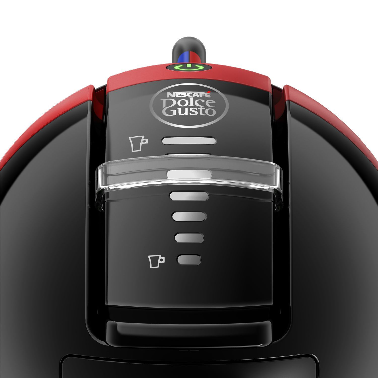 Een rood-zwarte koffiemachine met een knop.