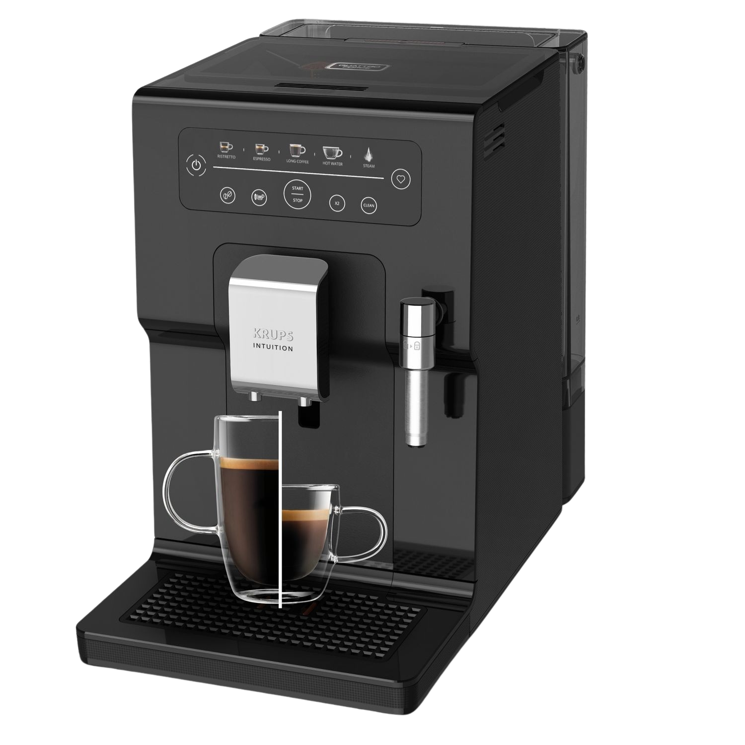 Krups Intuition koffiemachine. Zwart. Twee glazen bekers met koffie. Knoppen en display zichtbaar.