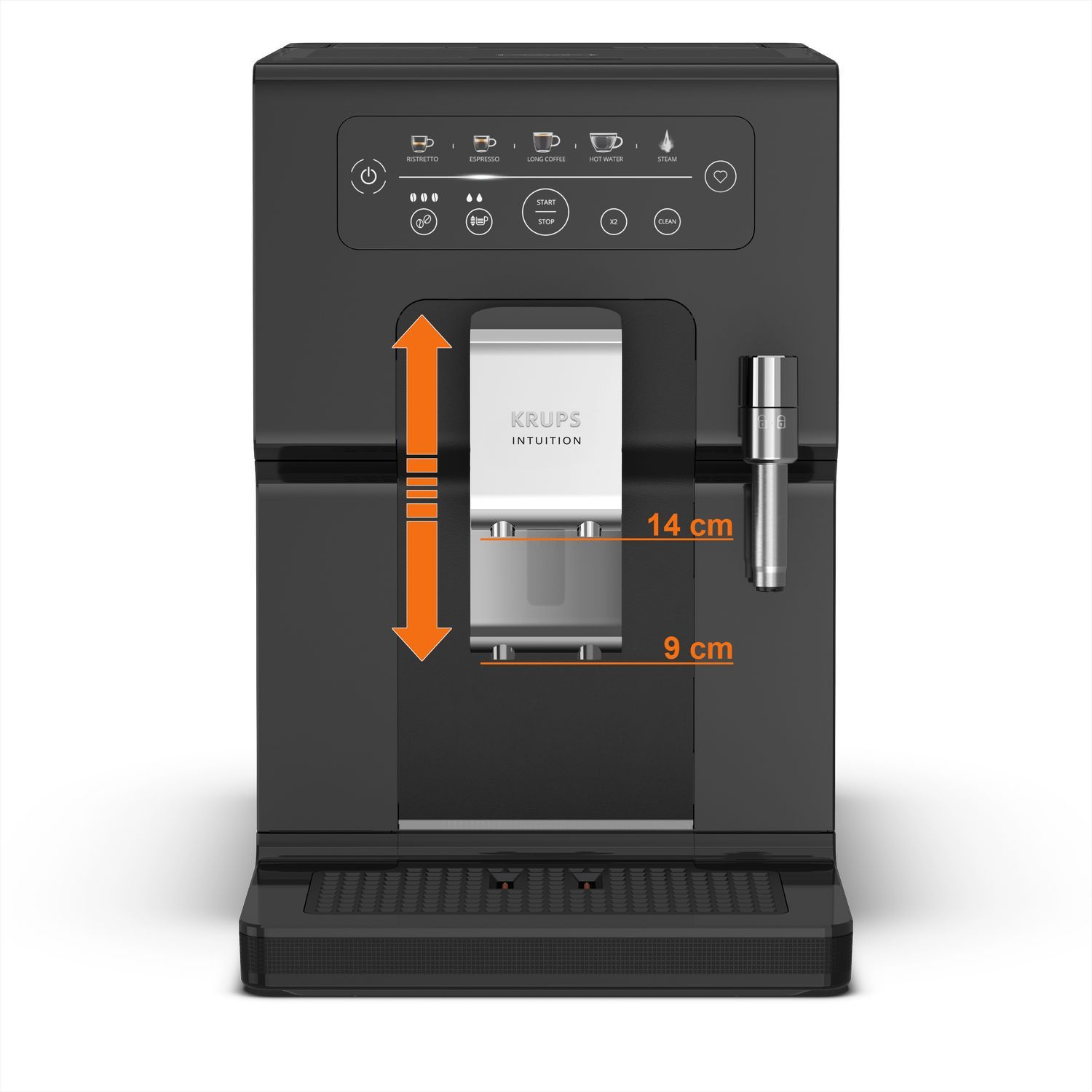 Zwarte KRUPS Intuition koffiemachine met afmetingsaantekeningen.