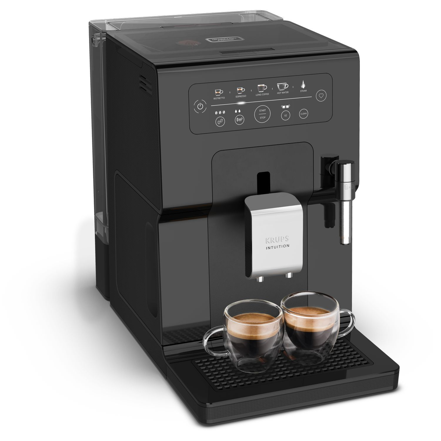 Zwarte koffiemachine met twee heldere glazen kopjes op een zwart oppervlak.
