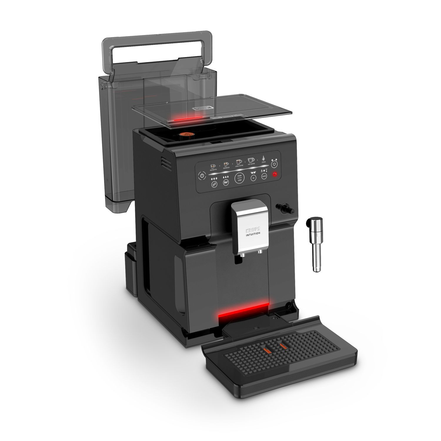 Zwart koffiezetapparaat met losgemaakte componenten. Watertank, lekbak, koffie-uitlaat.
