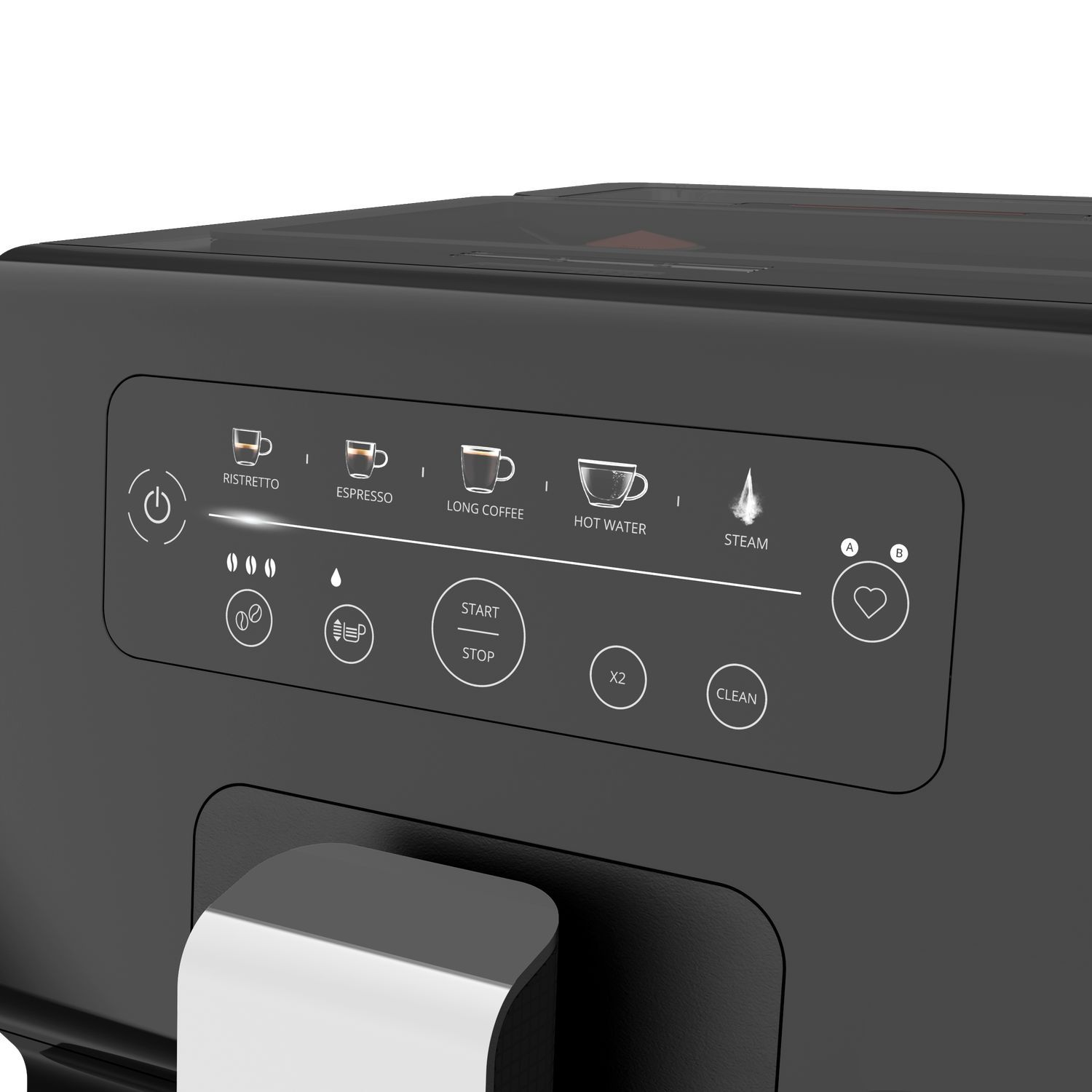 Zwart bedieningspaneel van de koffiemachine. Het heeft knoppen voor espresso, heet water en stoom.