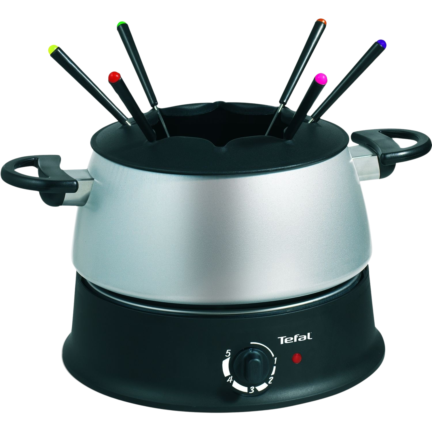 Pot à fondue argenté avec base noire, 6 fourchettes à bouts colorés et un cadran de température.