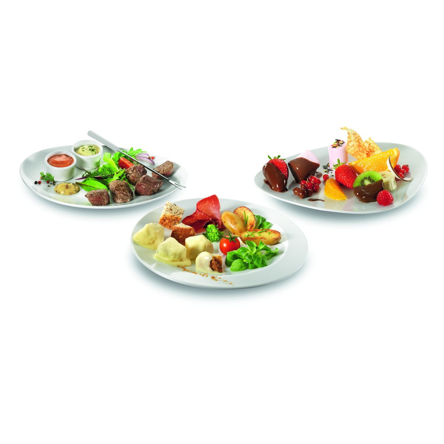 Assiettes de nourriture : viandes, fruits et desserts. Fond blanc.