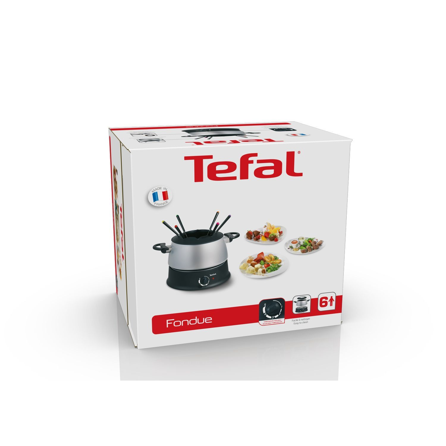 Une boîte blanche et rouge avec le logo Tefal, montrant un service à fondue et des images de nourriture.