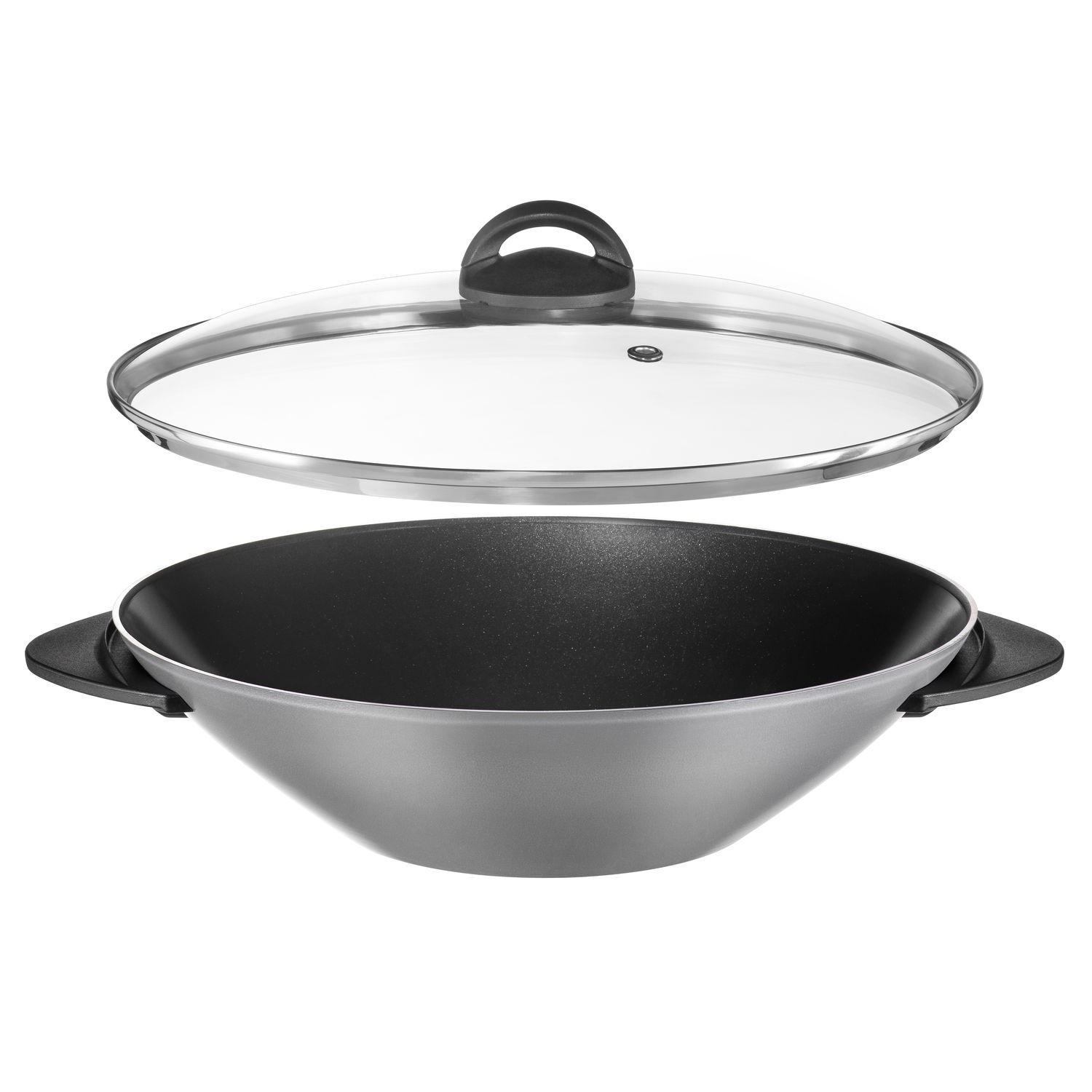 A wok pan with a glass lid.