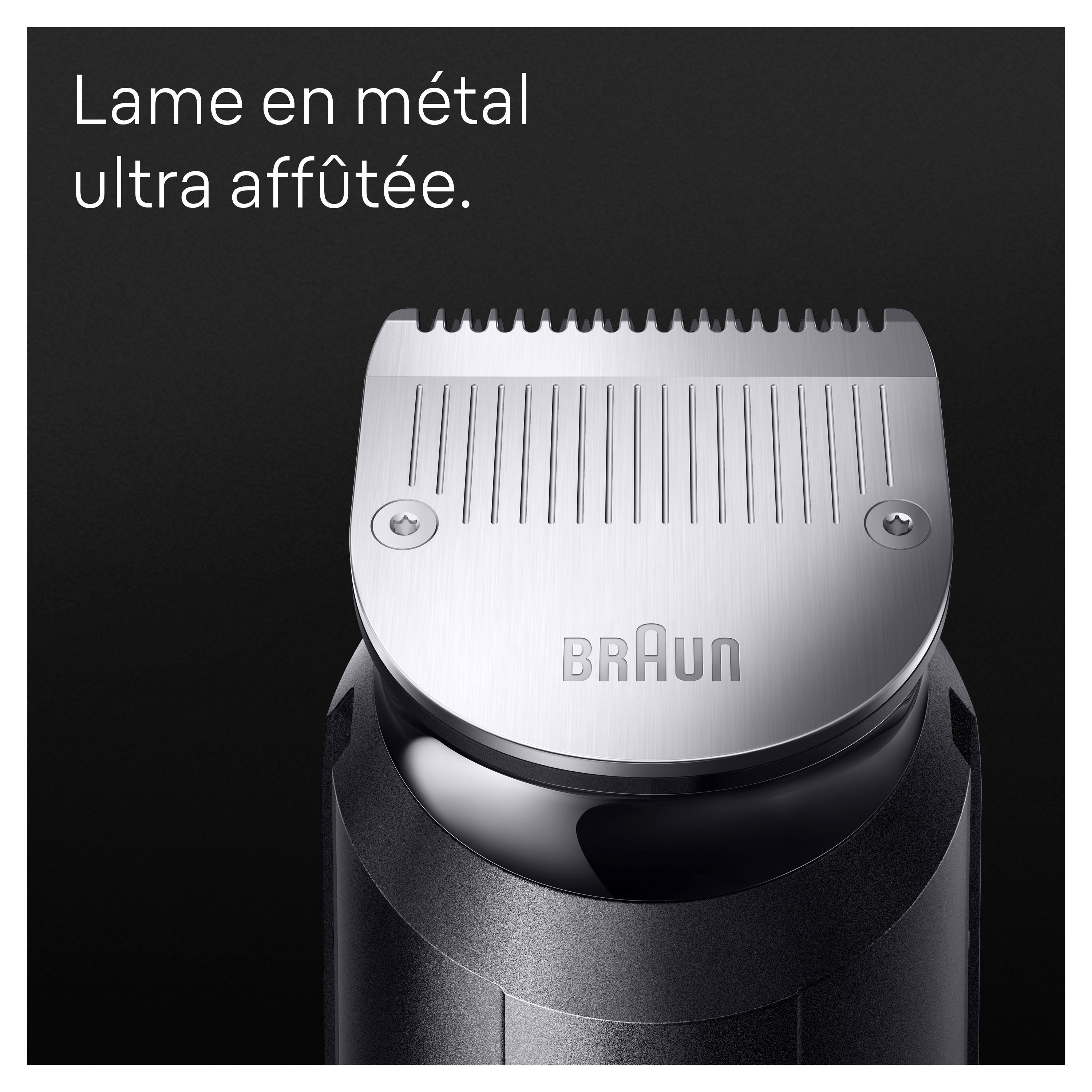 Gros plan de la lame d'une tondeuse à barbe Braun avec texte en français.