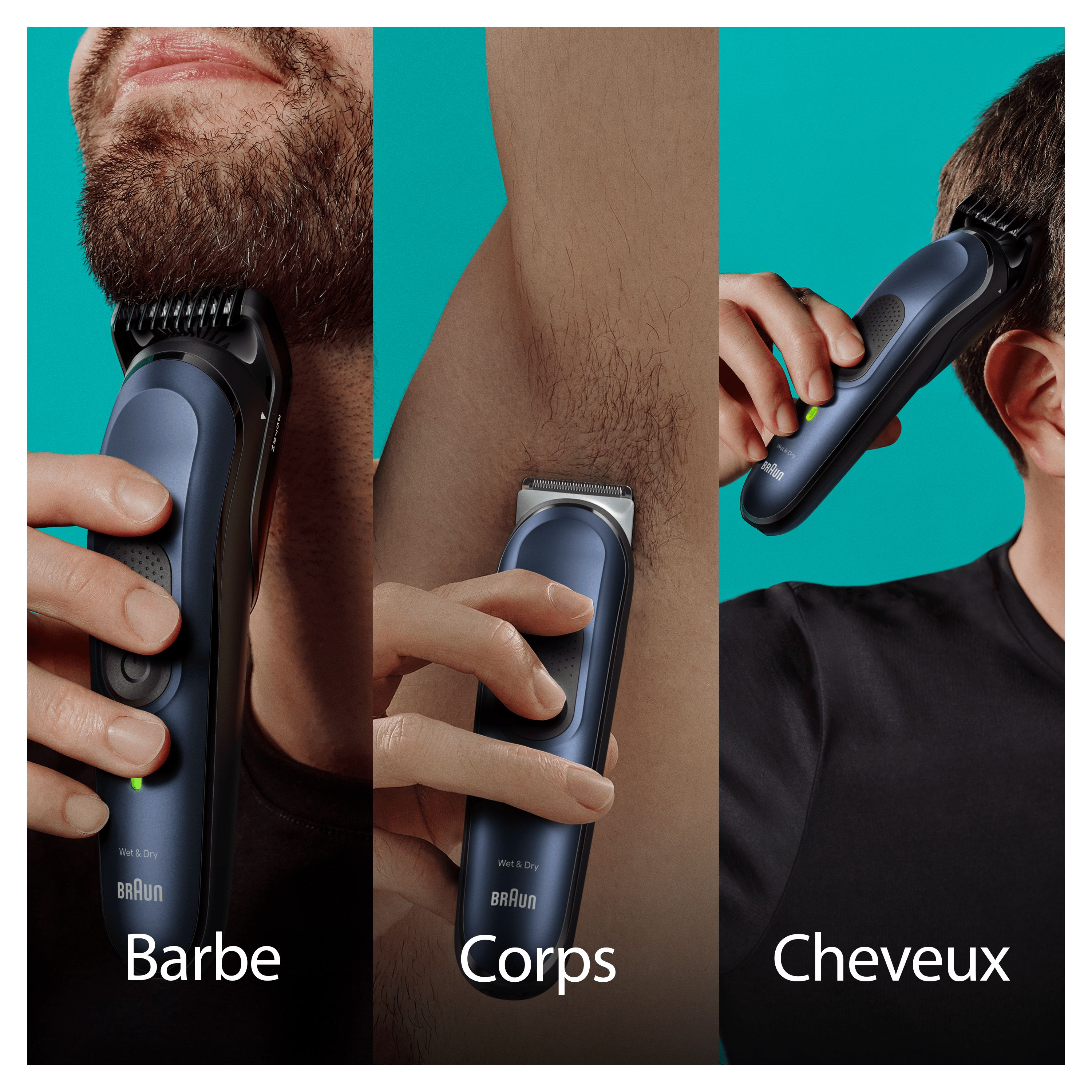 Trois images montrant une tondeuse sur la barbe, l'aisselle et les cheveux d'un homme. Textes : Barbe, Corps, Cheveux.