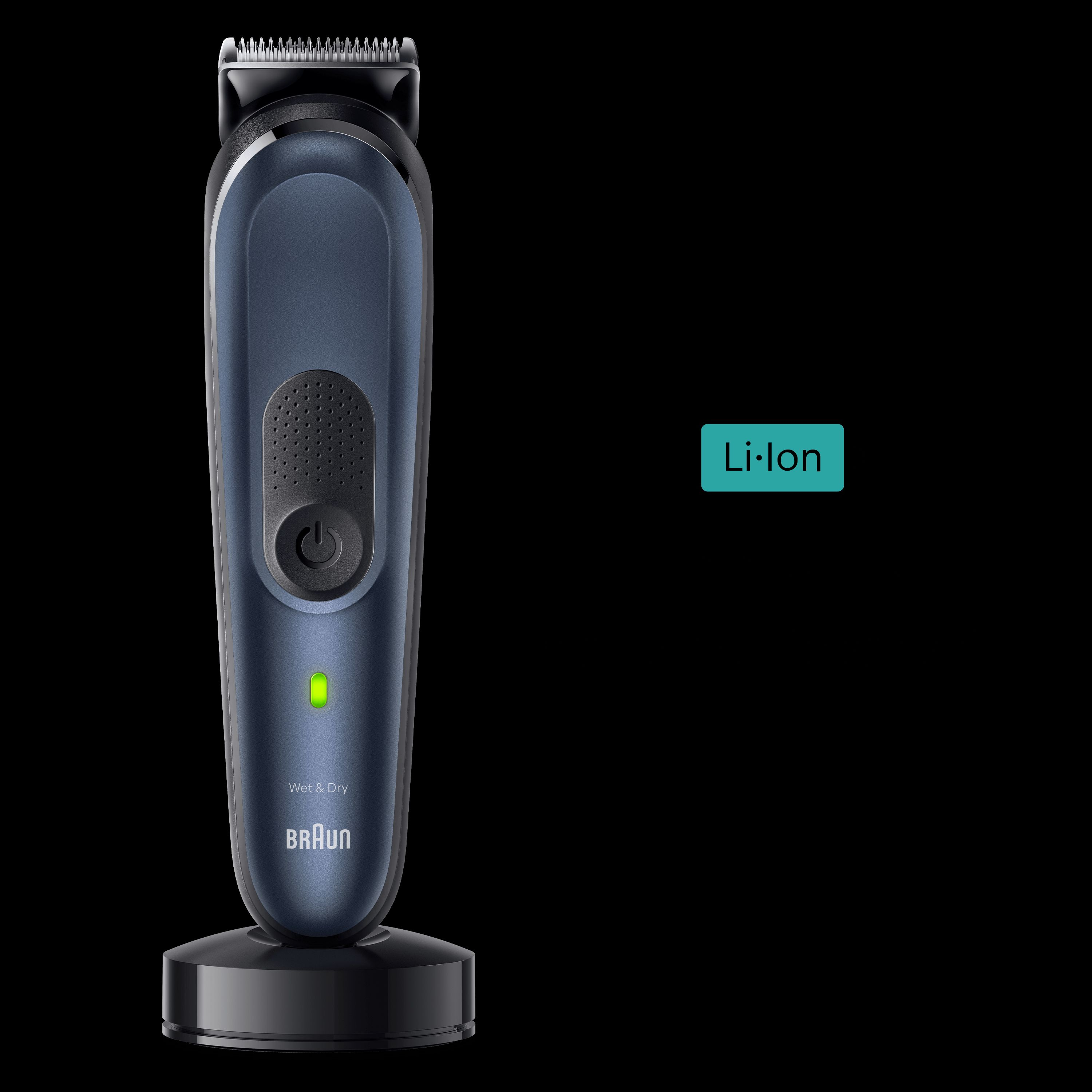 Une tondeuse Braun bleue est posée sur son chargeur.