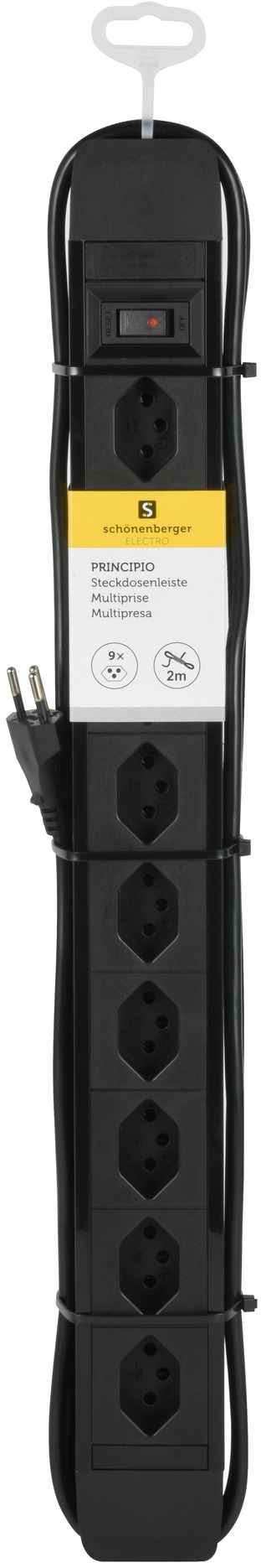 Schwarze Steckdosenleiste, 7 Steckdosen, mit rotem Licht und einem Etikett.