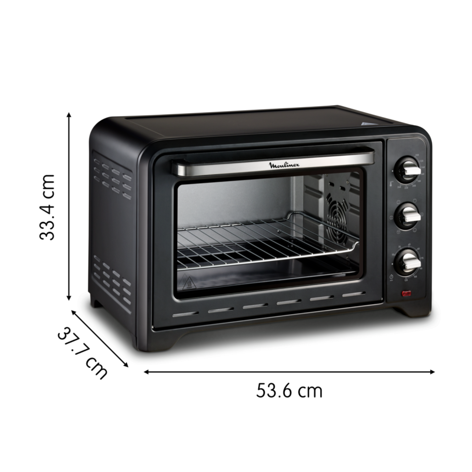 Een zwarte Moulinex-oven met afmetingen, met een zilveren handvat en bediening.