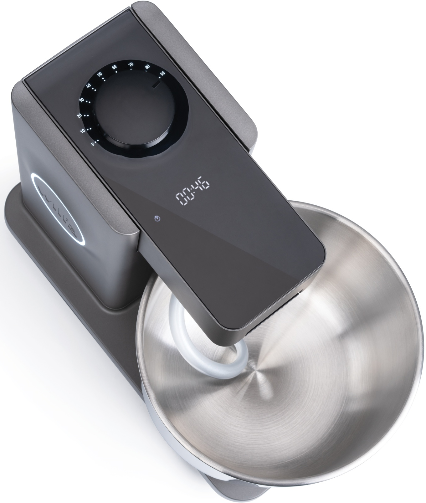 Robot de cuisine, gris, vue de dessus, avec un bol en acier inoxydable.