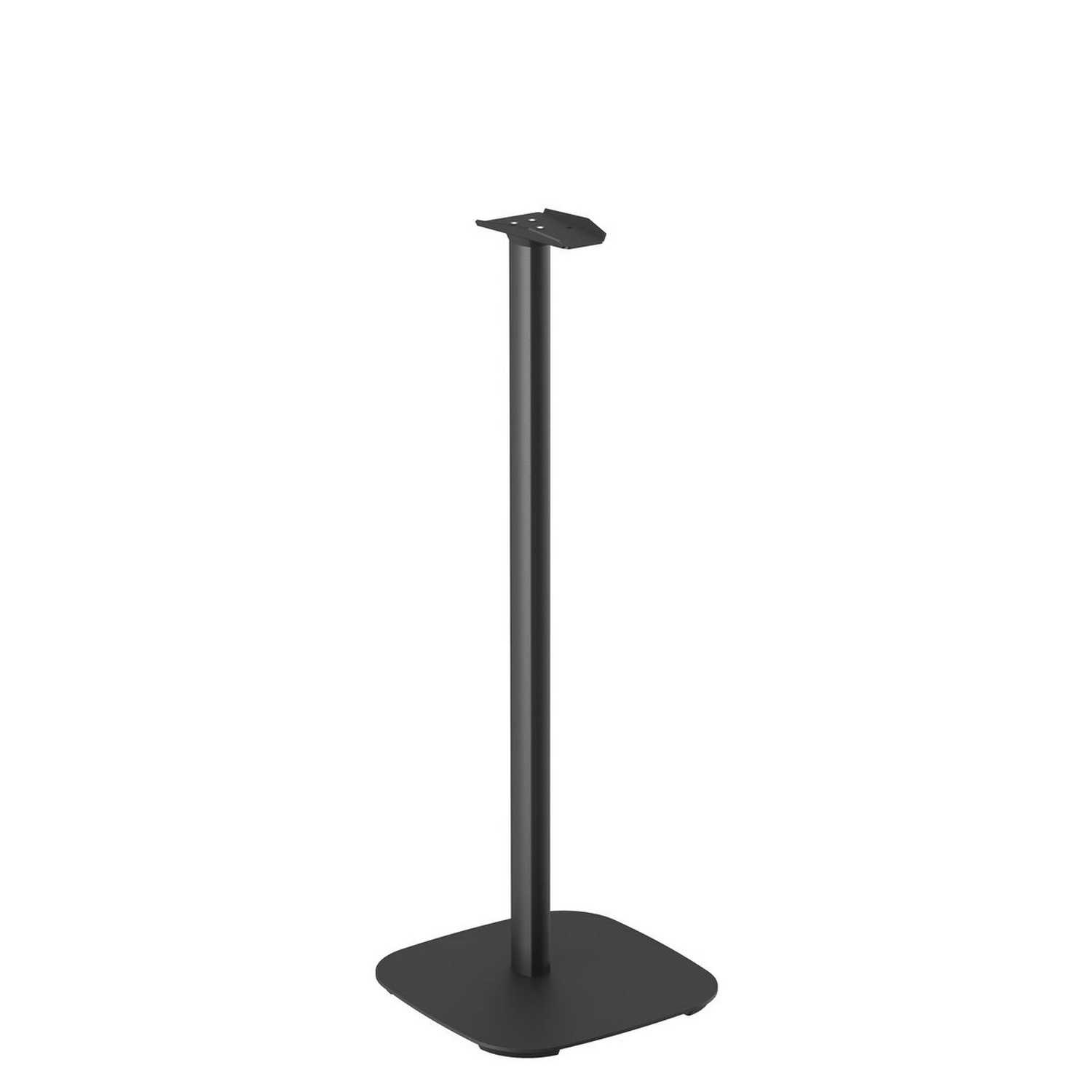 Een zwarte standaard voor een luidspreker. De basis is vierkant en de paal is cilindrisch.