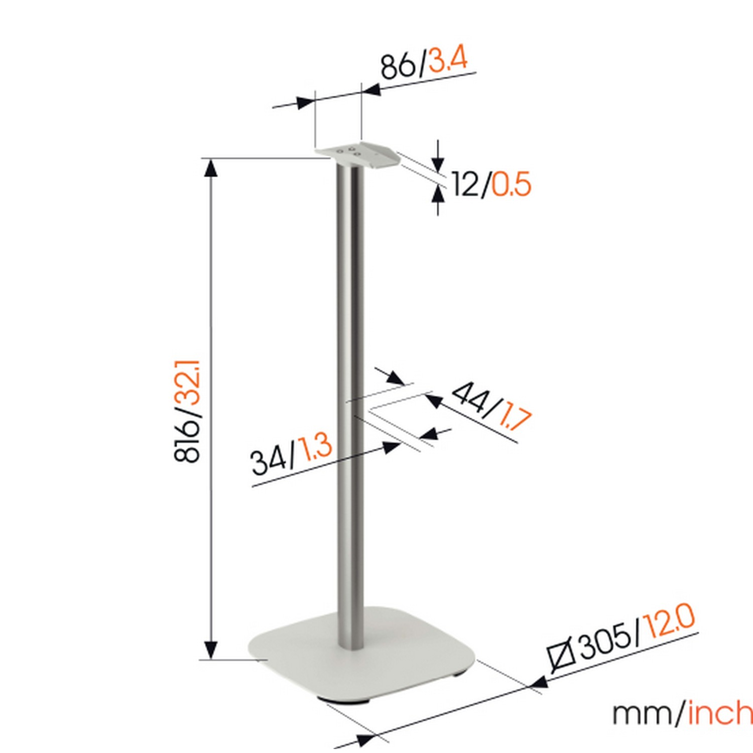 Een zilveren standaard met afmetingen. Een voet, paal en een bovenplaat met afmetingen in mm en inches.