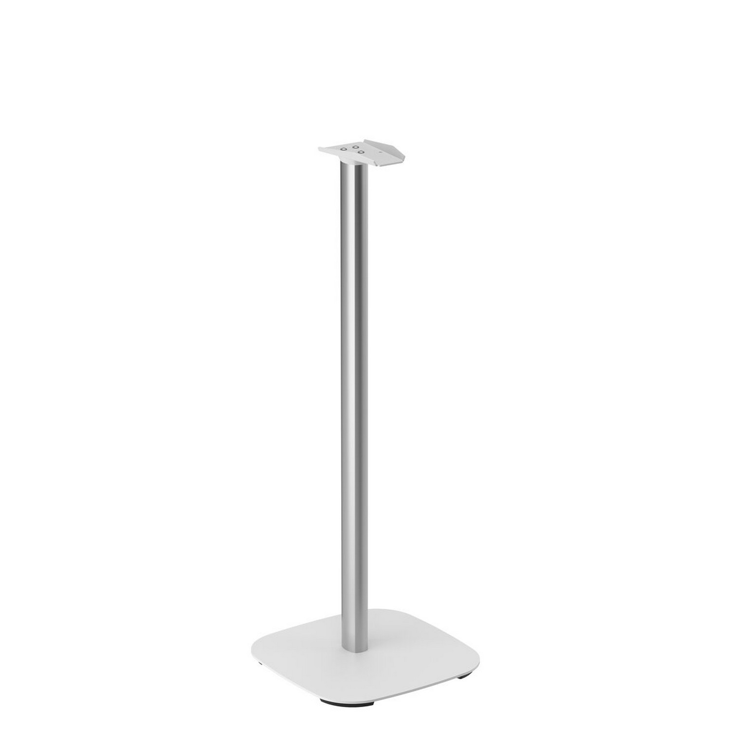 Een witte hoofdtelefoonstandaard, met een zilveren paal en een vierkante basis. Strak en minimalistisch design.