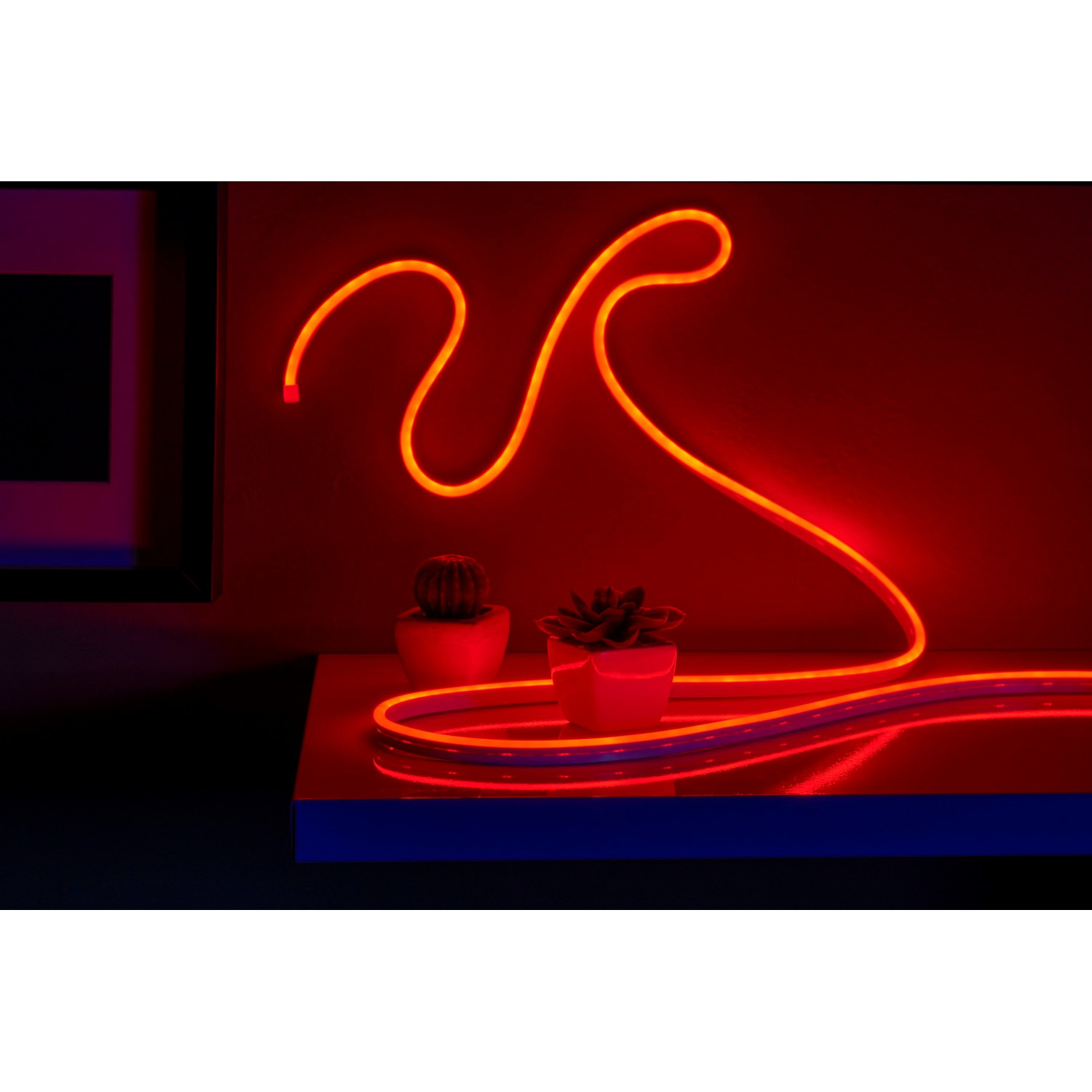 Rood neonlicht in de vorm van een gestileerde V, met planten.