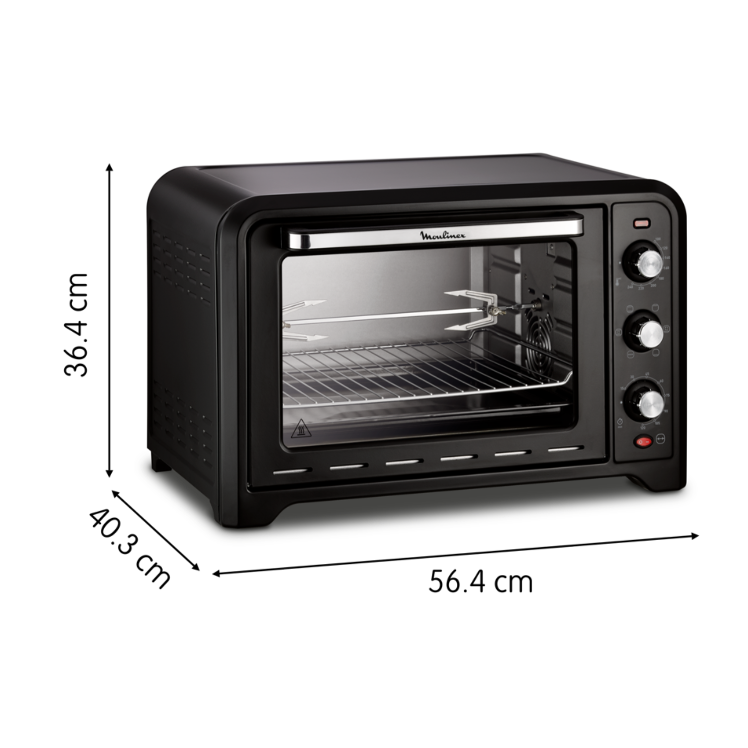 Black oven with dimensions displayed. The oven has a rotisserie function and three control knobs.