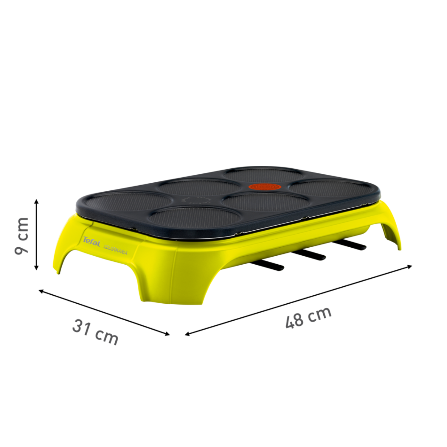 A yellow and black Tefal crepes maker. Dimensions are also included in the image.