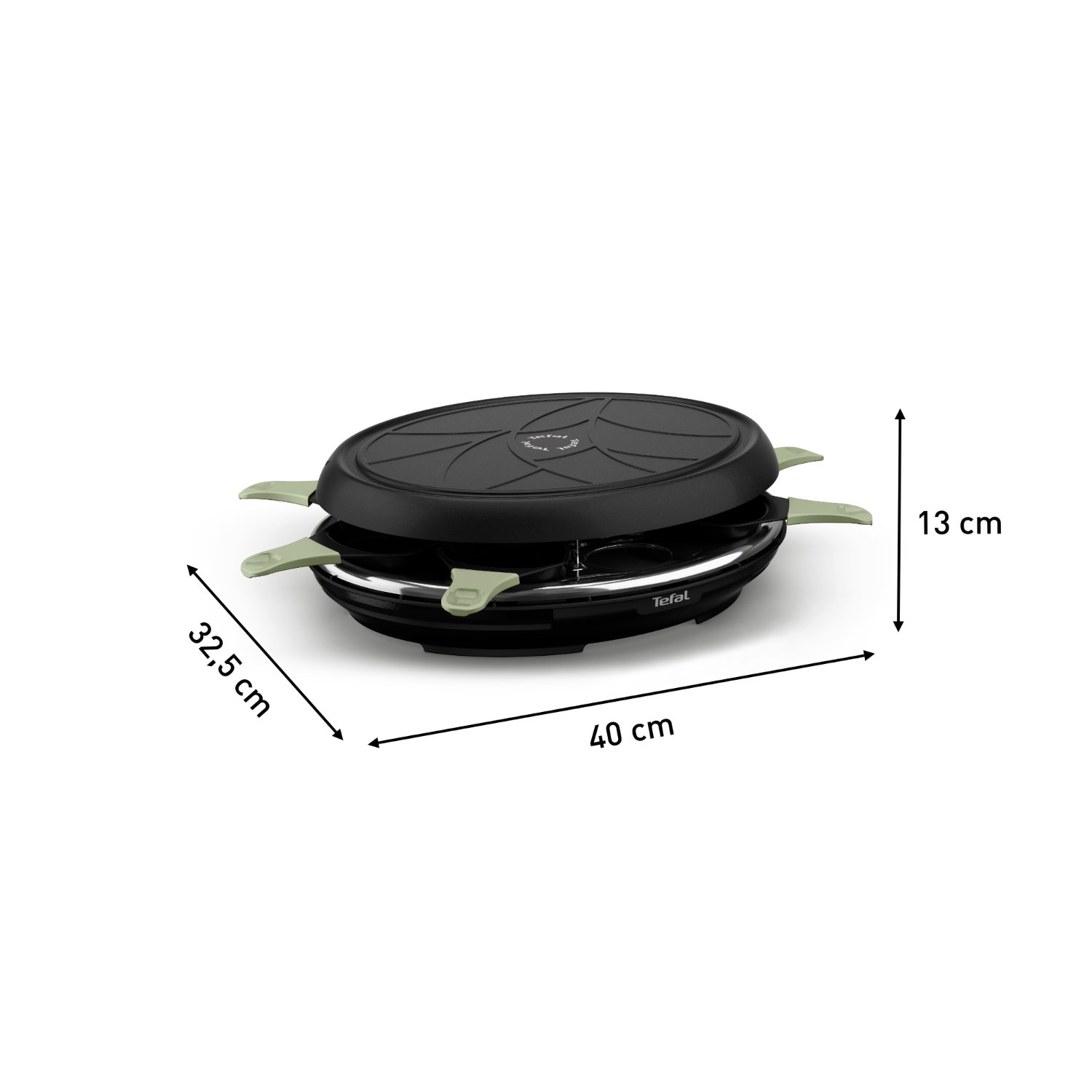 Black and green Tefal raclette grill with dimensions (32.5x40x13cm) on a white surface.
